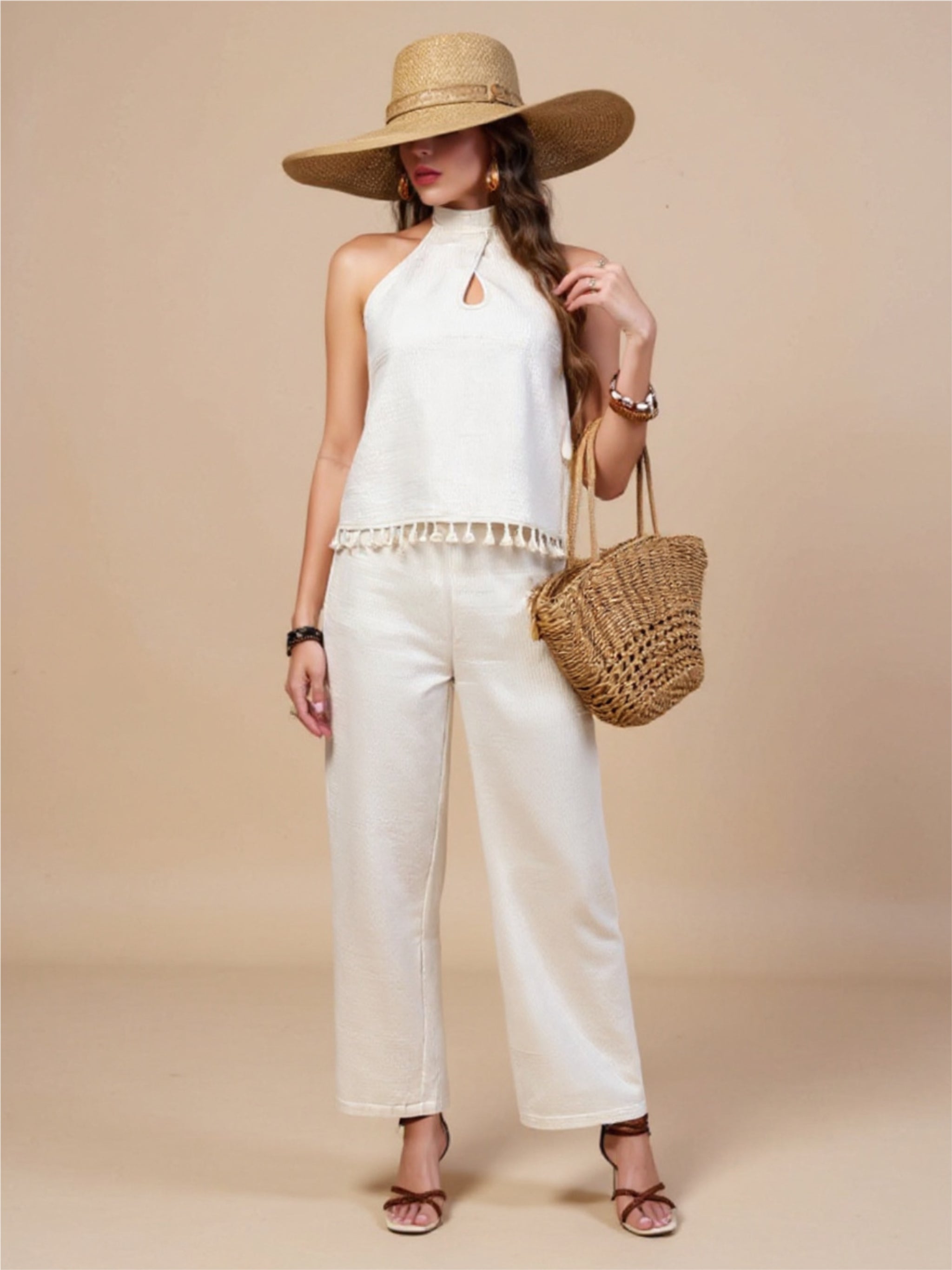 Beige Halter Neck Cami & Pants Set