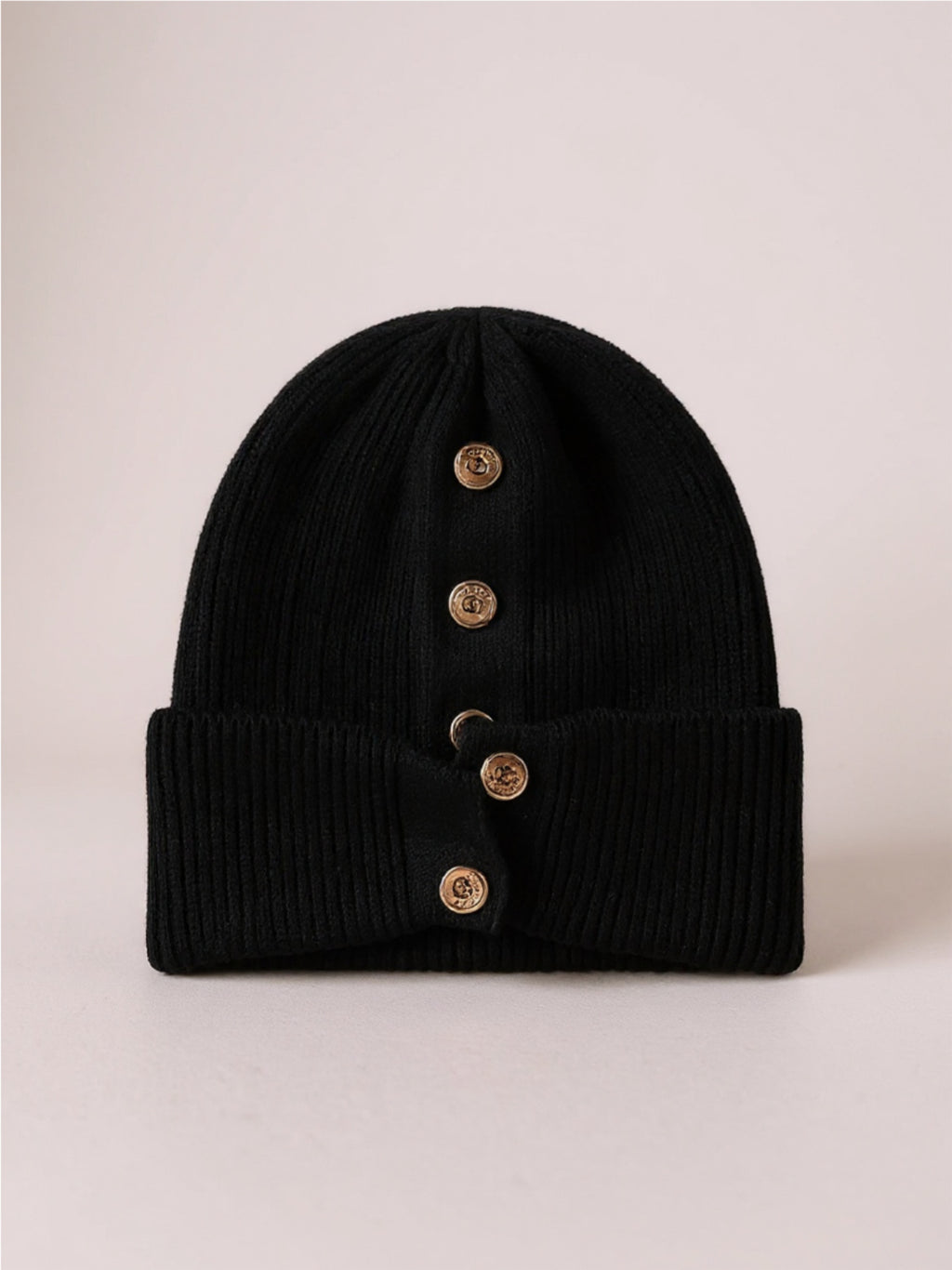 Button Detail Rib-Knit Cuff Beanie