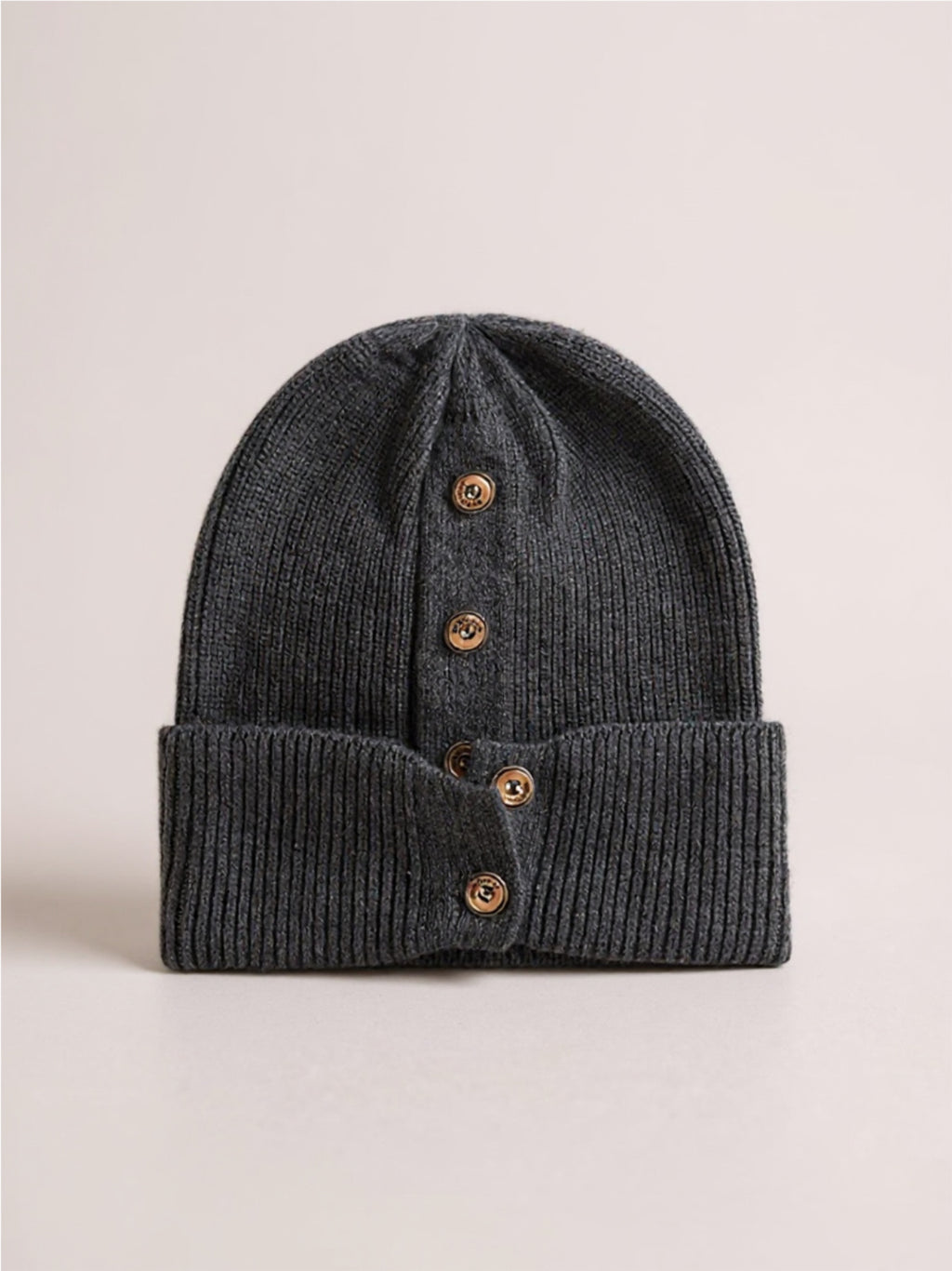 Button Detail Rib-Knit Cuff Beanie