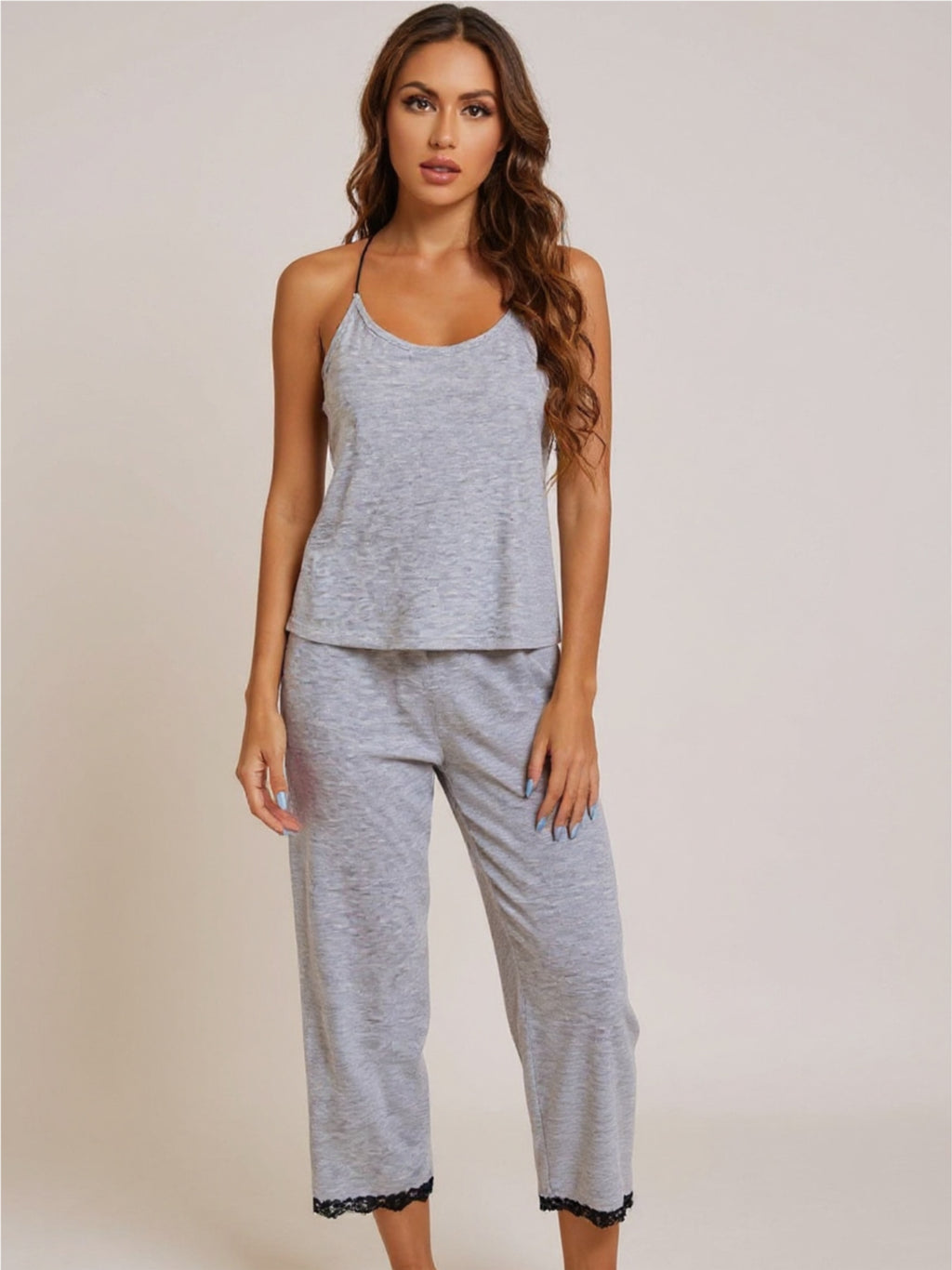 Halter Neck Cami & Lace Trim Pajama Set