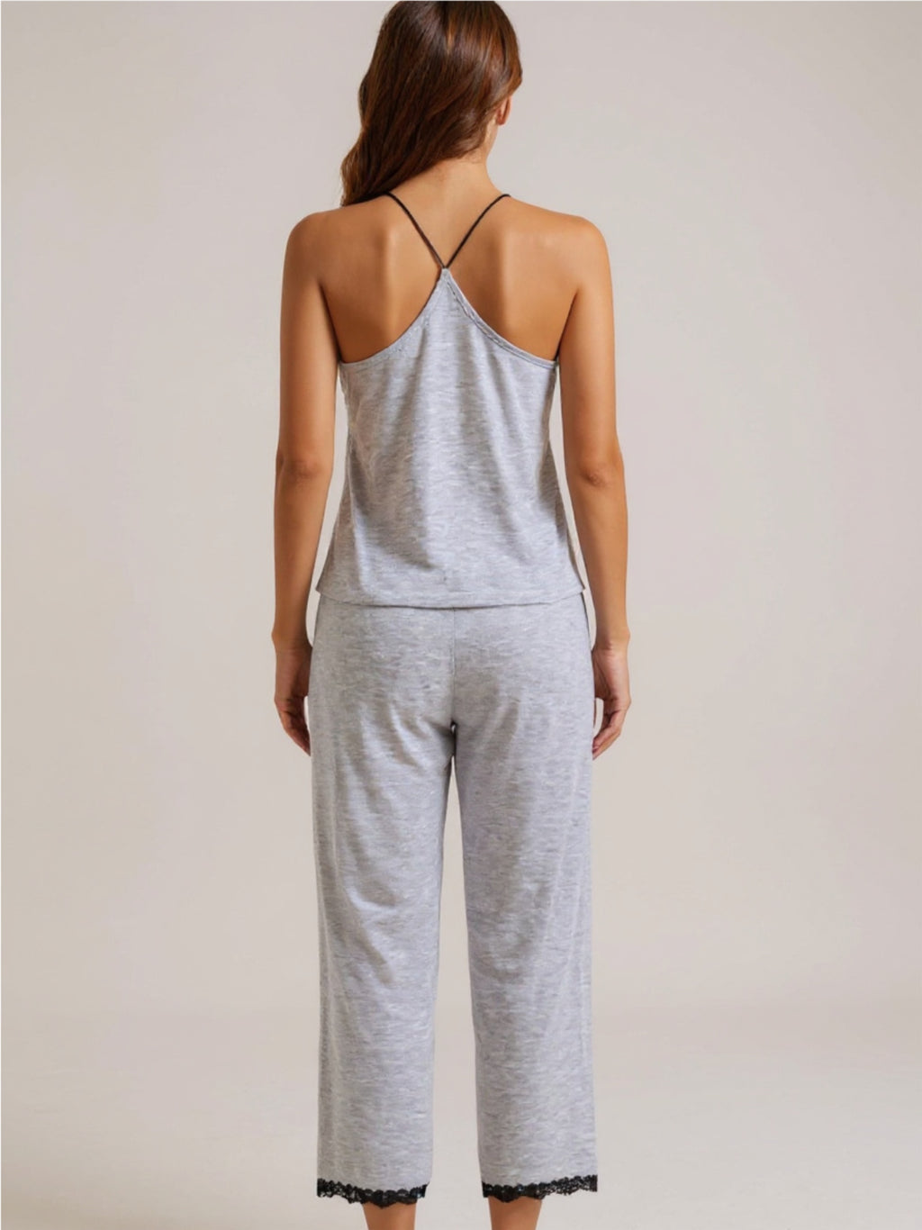 Halter Neck Cami & Lace Trim Pajama Set