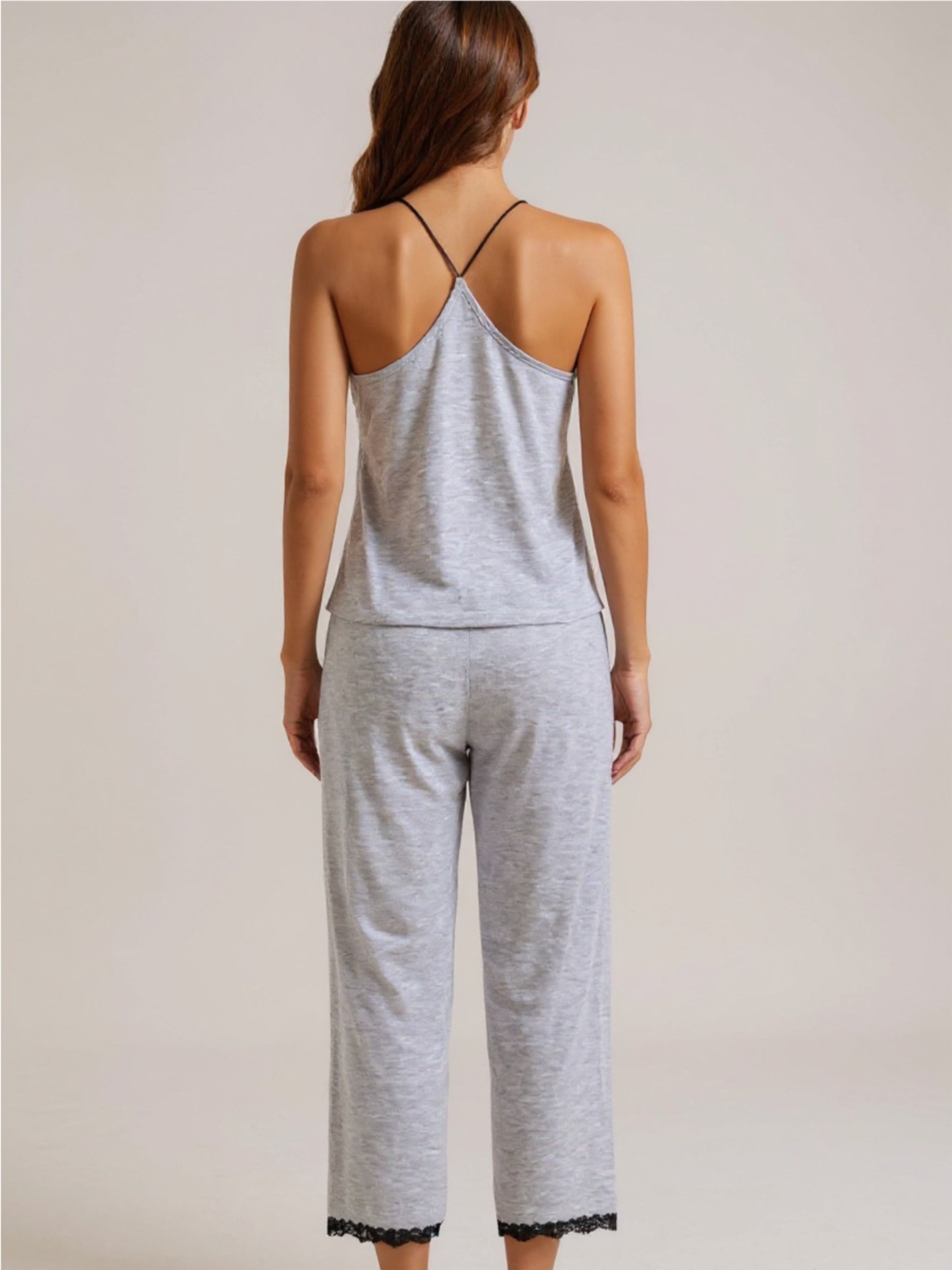 Halter Neck Cami & Lace Trim Pajama Set