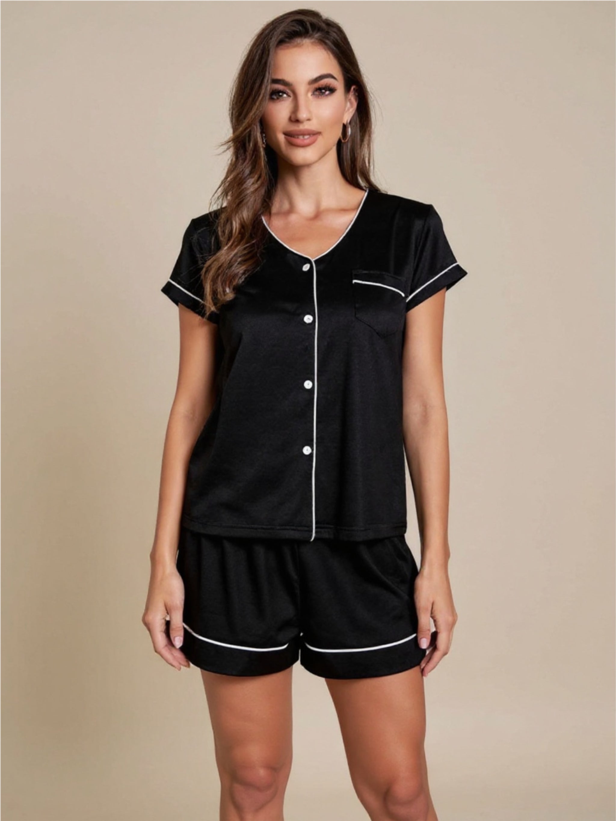 Contrast Piping Button-Up Top & Shorts Pajama Set