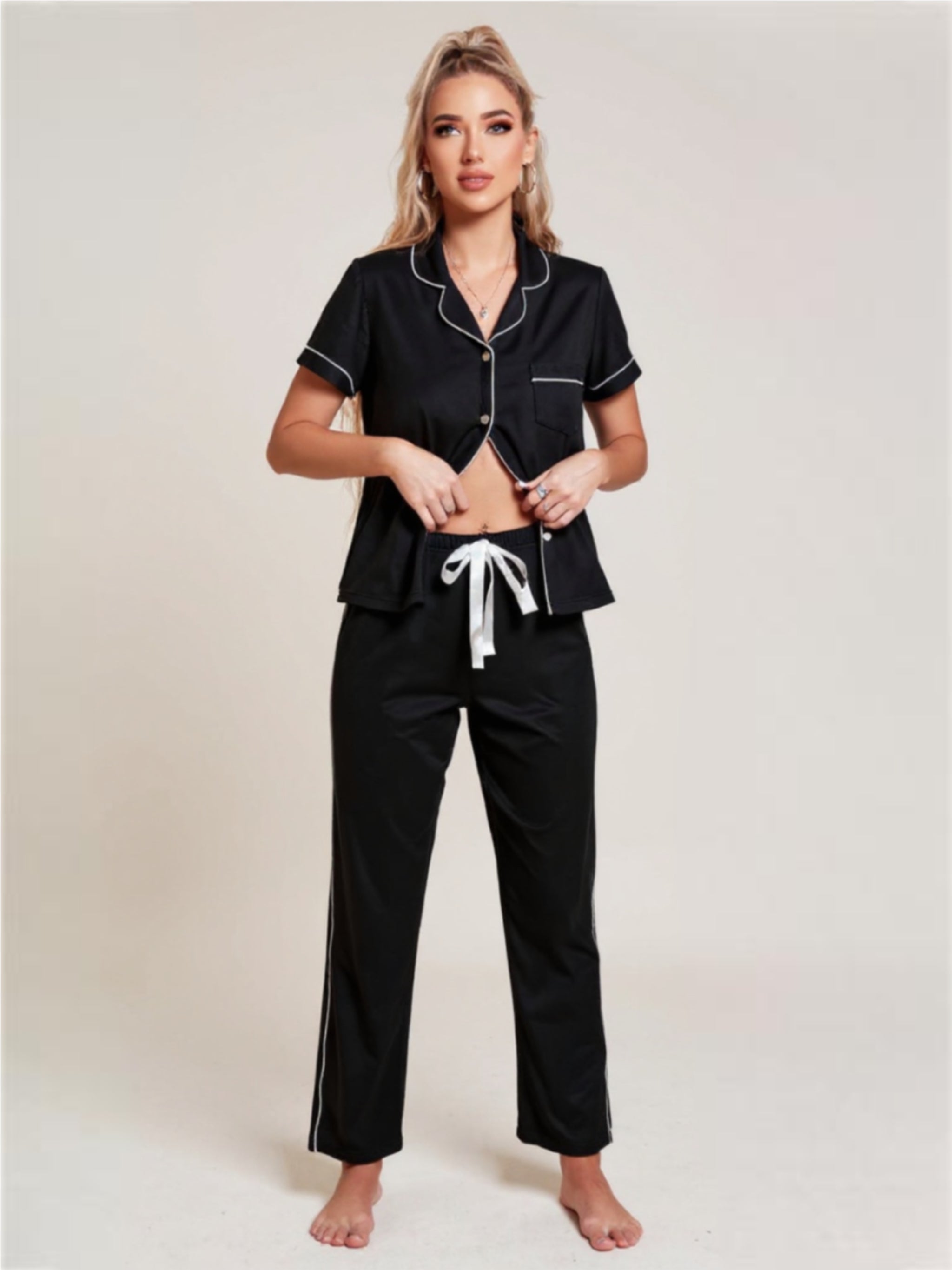 Contrast Piping Short Sleeve Top & Pants Pajama Set