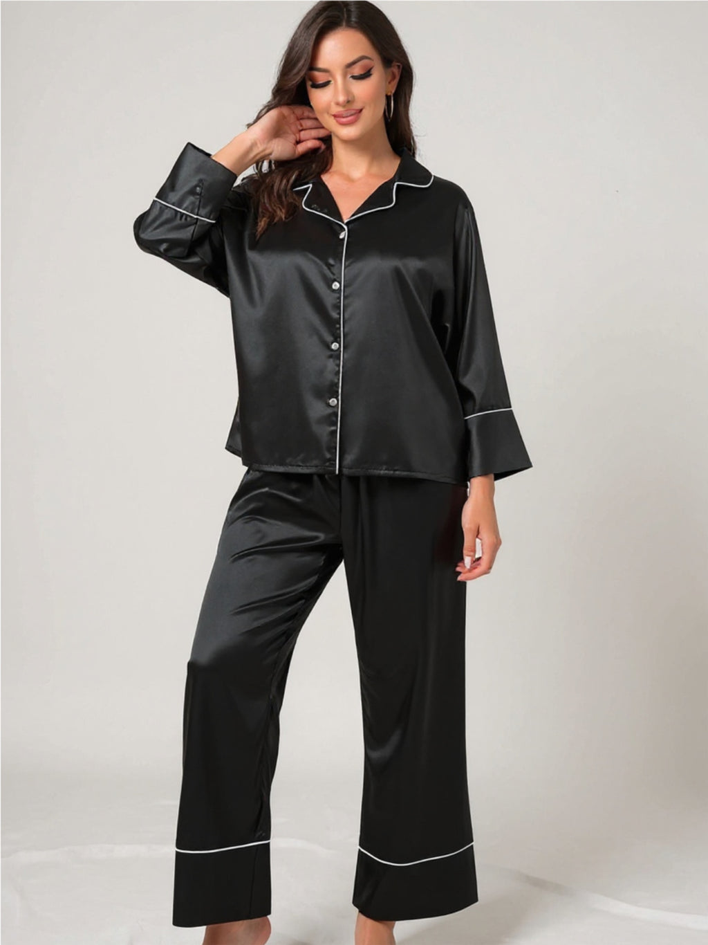 Contrast Piping Button-Up Top & Pants Pajama Set