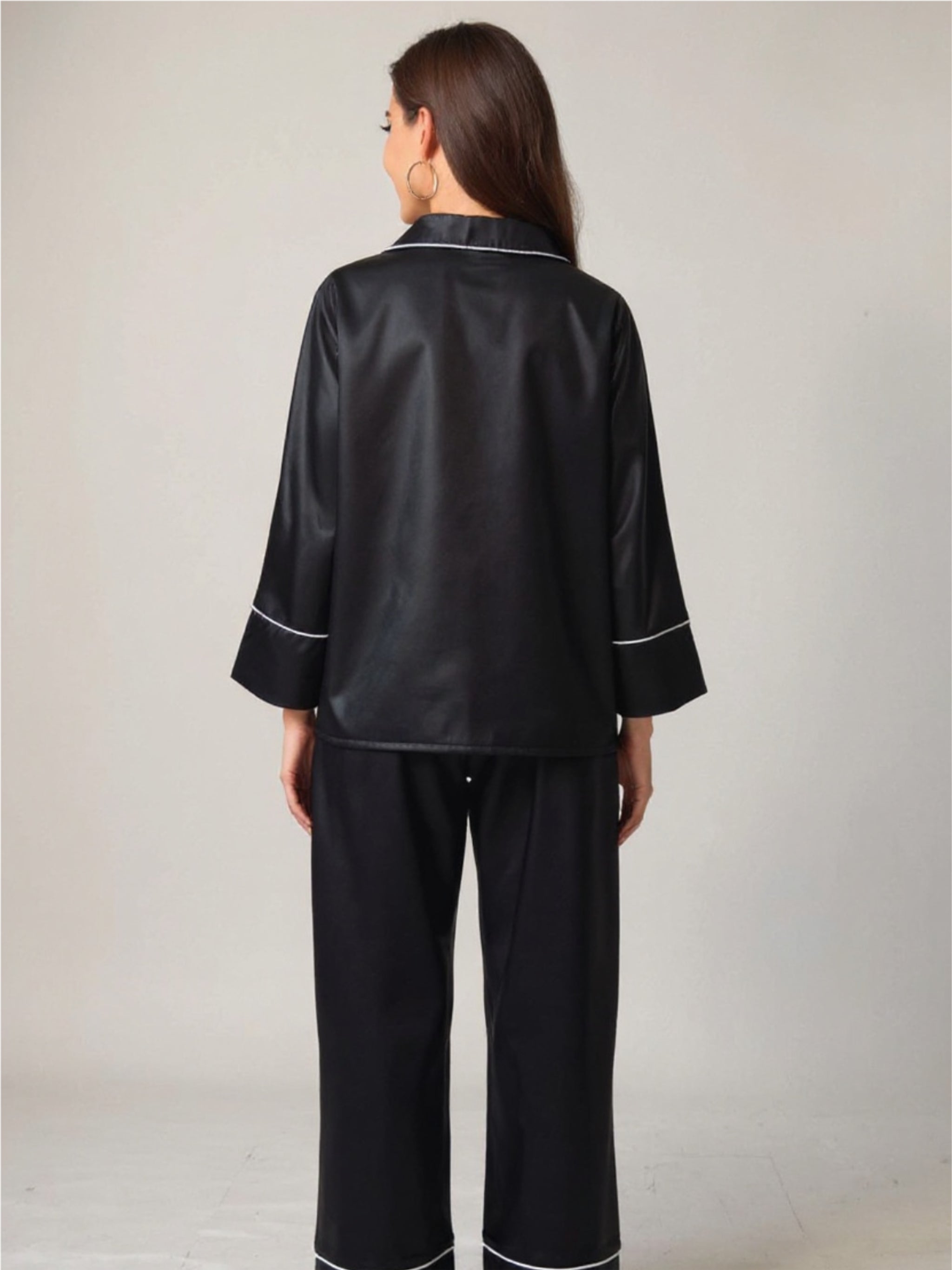 Contrast Piping Button-Up Top & Pants Pajama Set