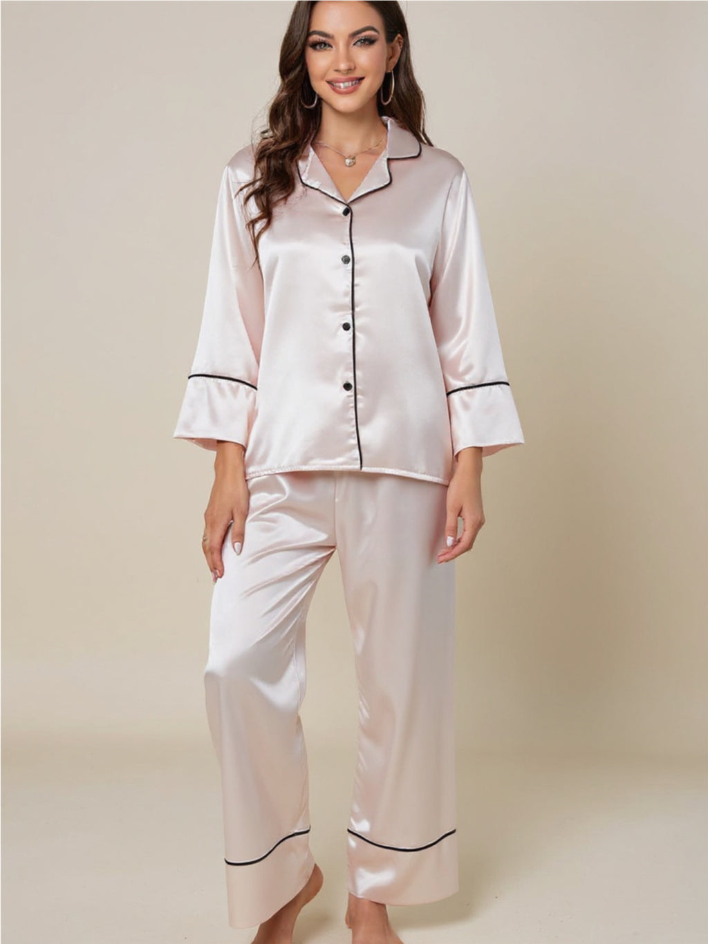 Contrast Piping Button-Up Top & Pants Pajama Set