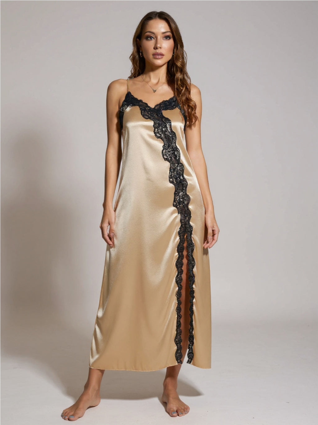 Cream Contrast Lace Trim Split Night Gown