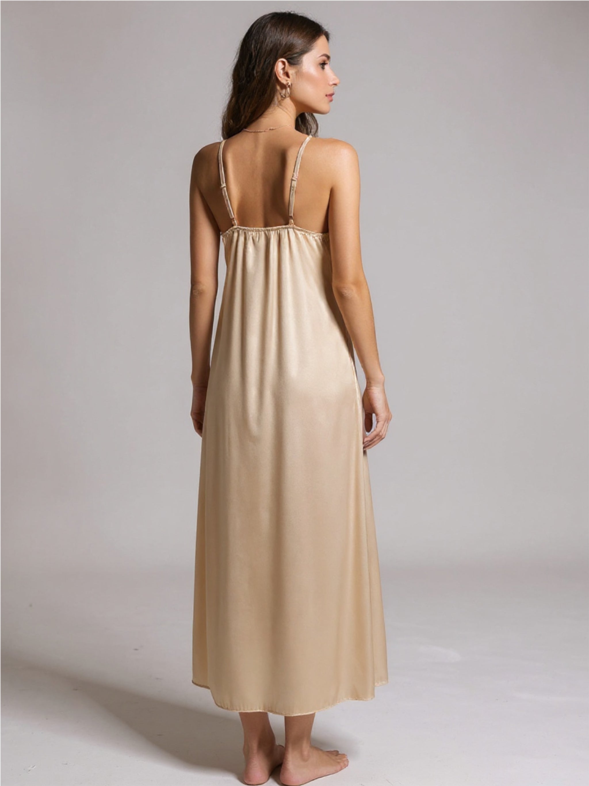Cream Contrast Lace Trim Split Night Gown