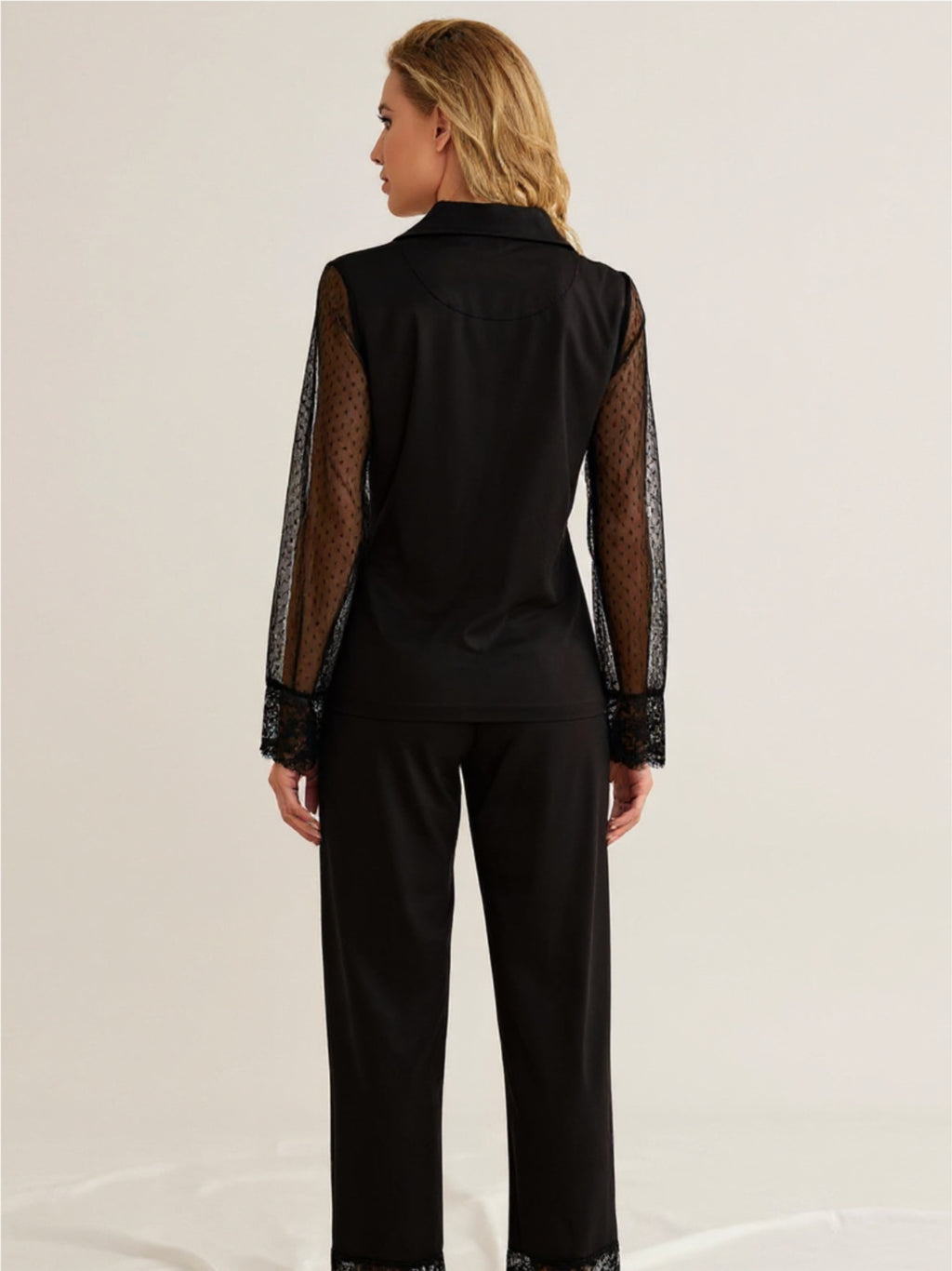 Spliced Lace Lapel Collar Pajama Set