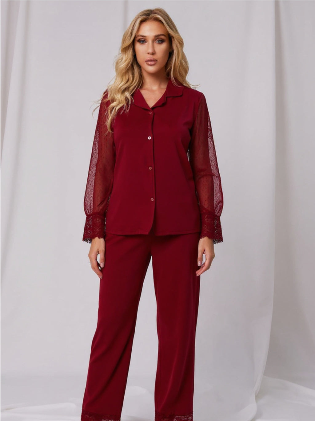 Spliced Lace Lapel Collar Pajama Set