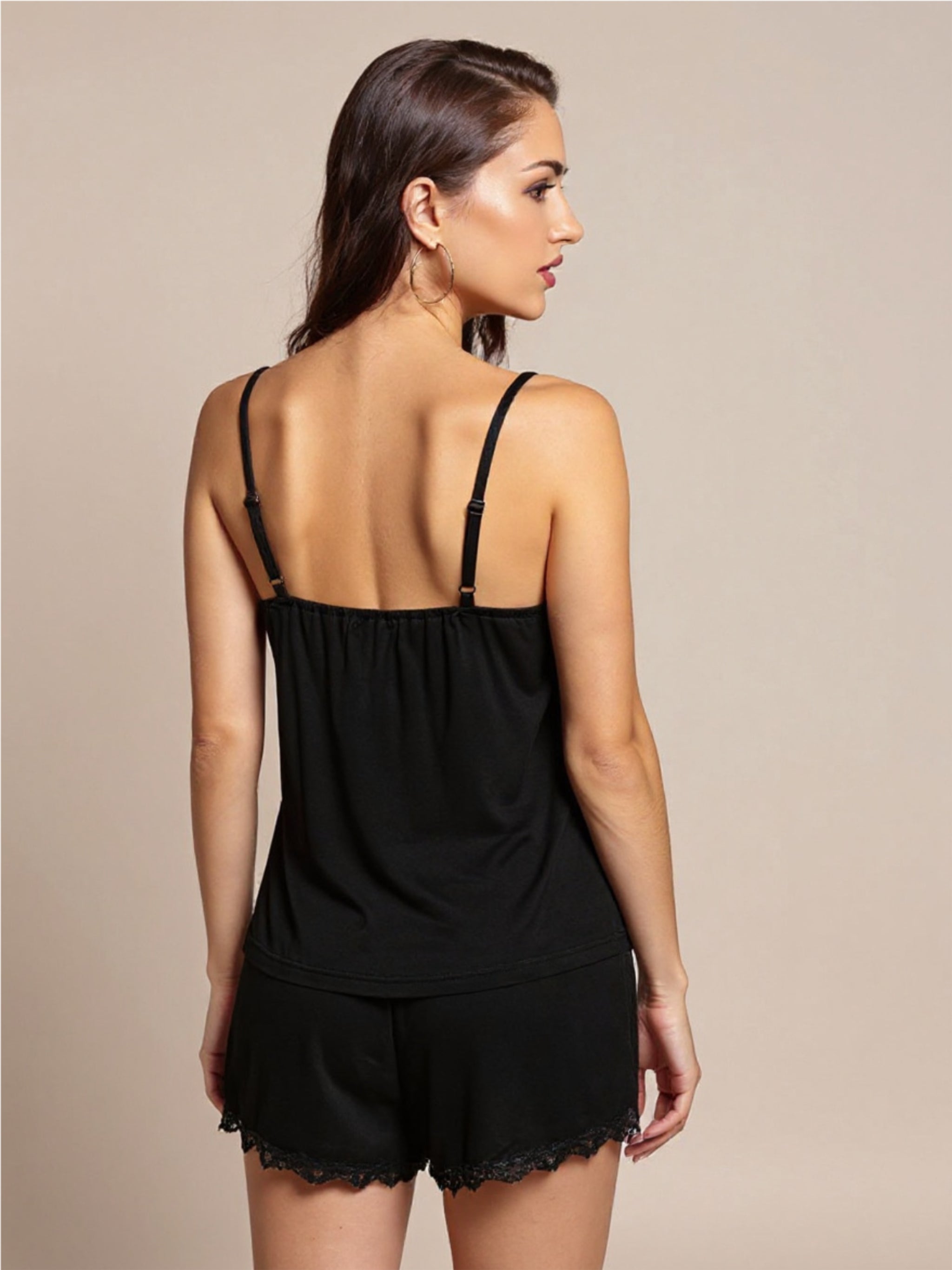 Black Spliced Mesh Lace Trim Cami & Shorts Pajama Set