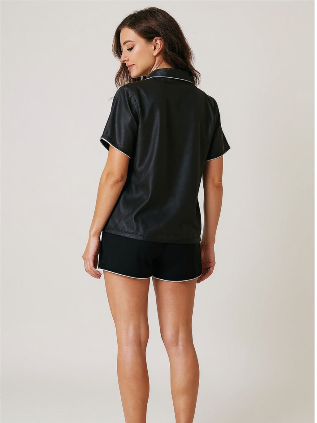 Black Contrast Trim Short Sleeve Shirt & Shorts Pajama Set