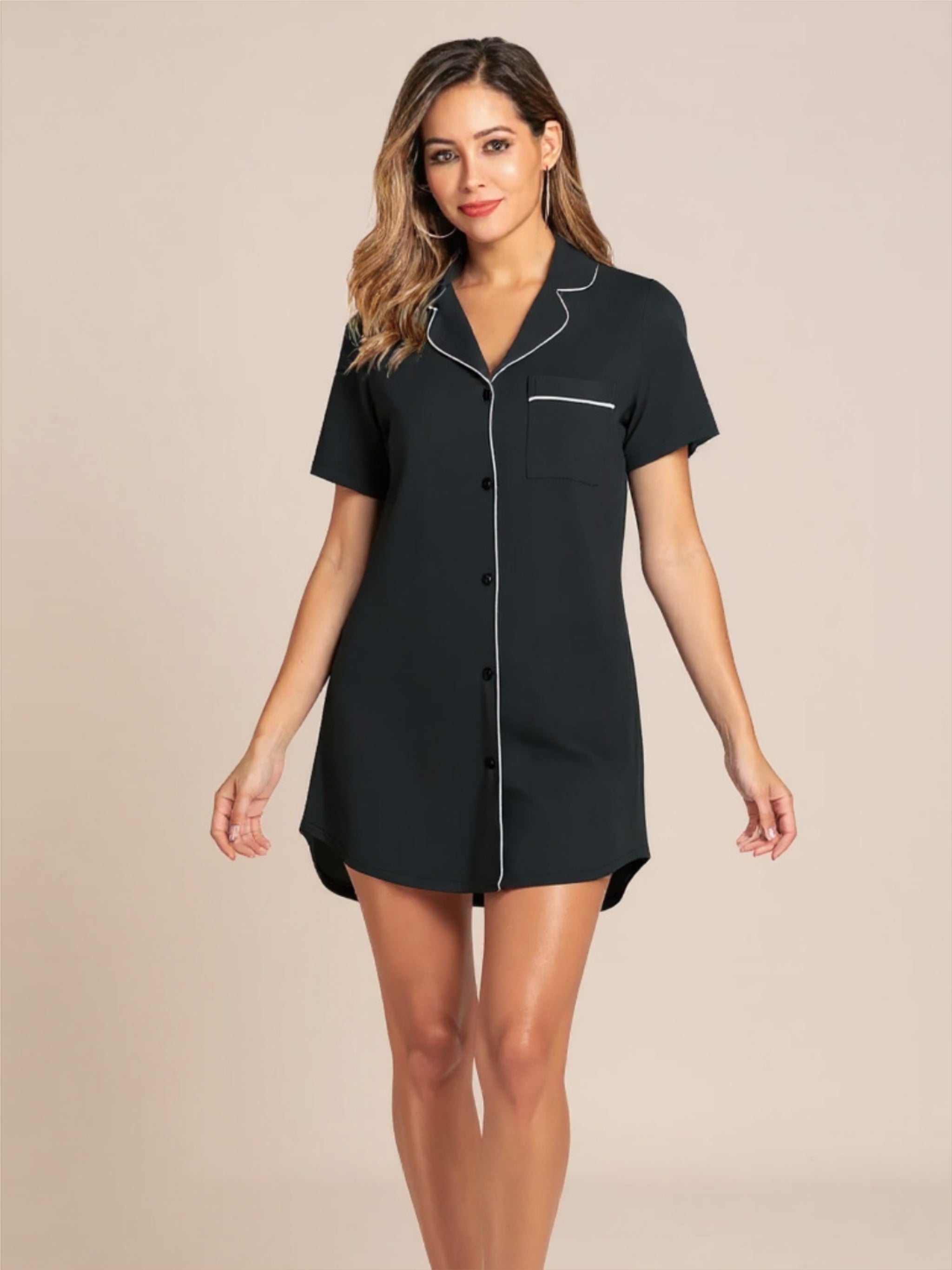 Contrast Piping Short Sleeve Sleep Dress