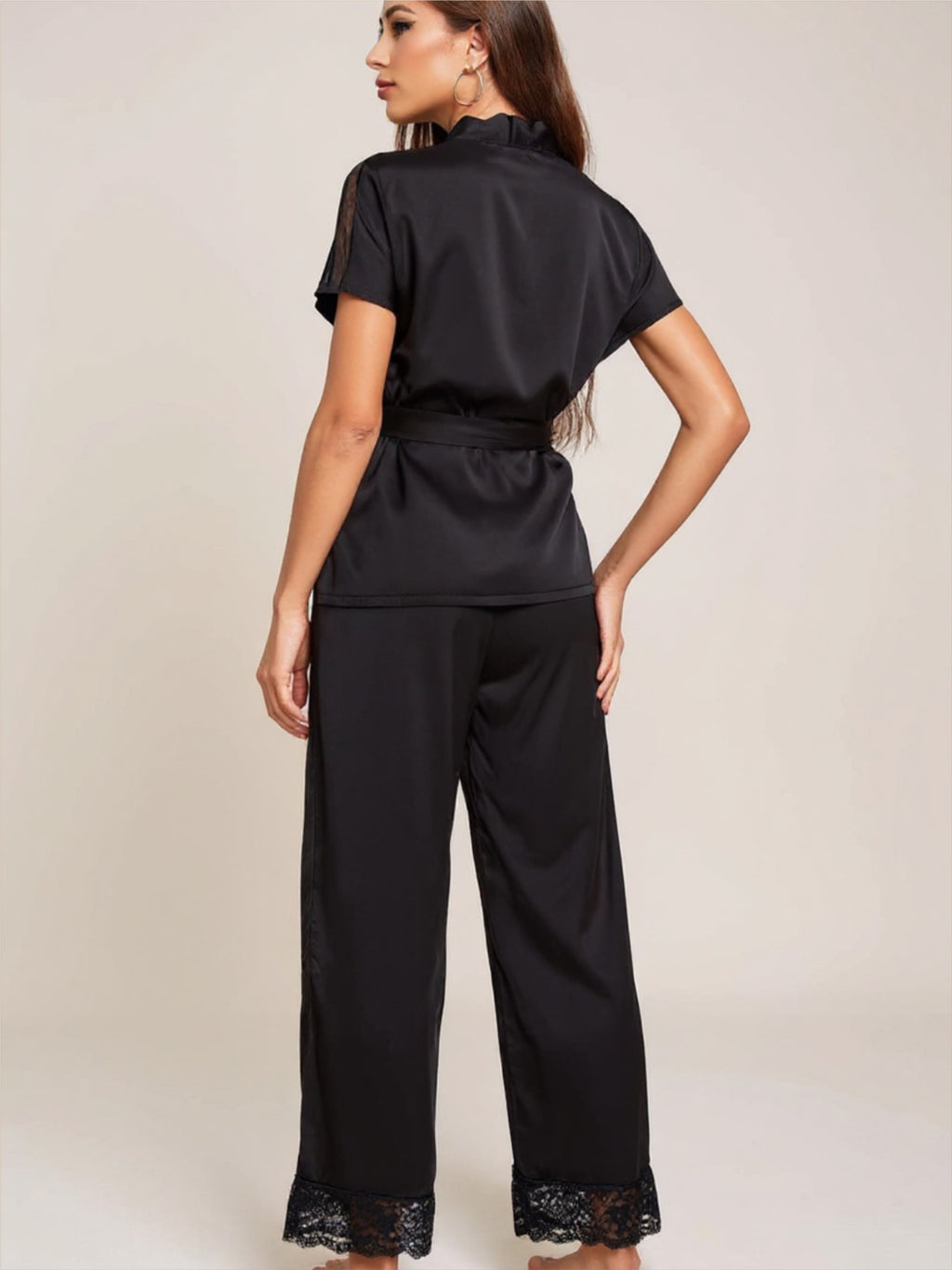 Black Surplice Neck Tie Waist Top & Pants Pajama Set