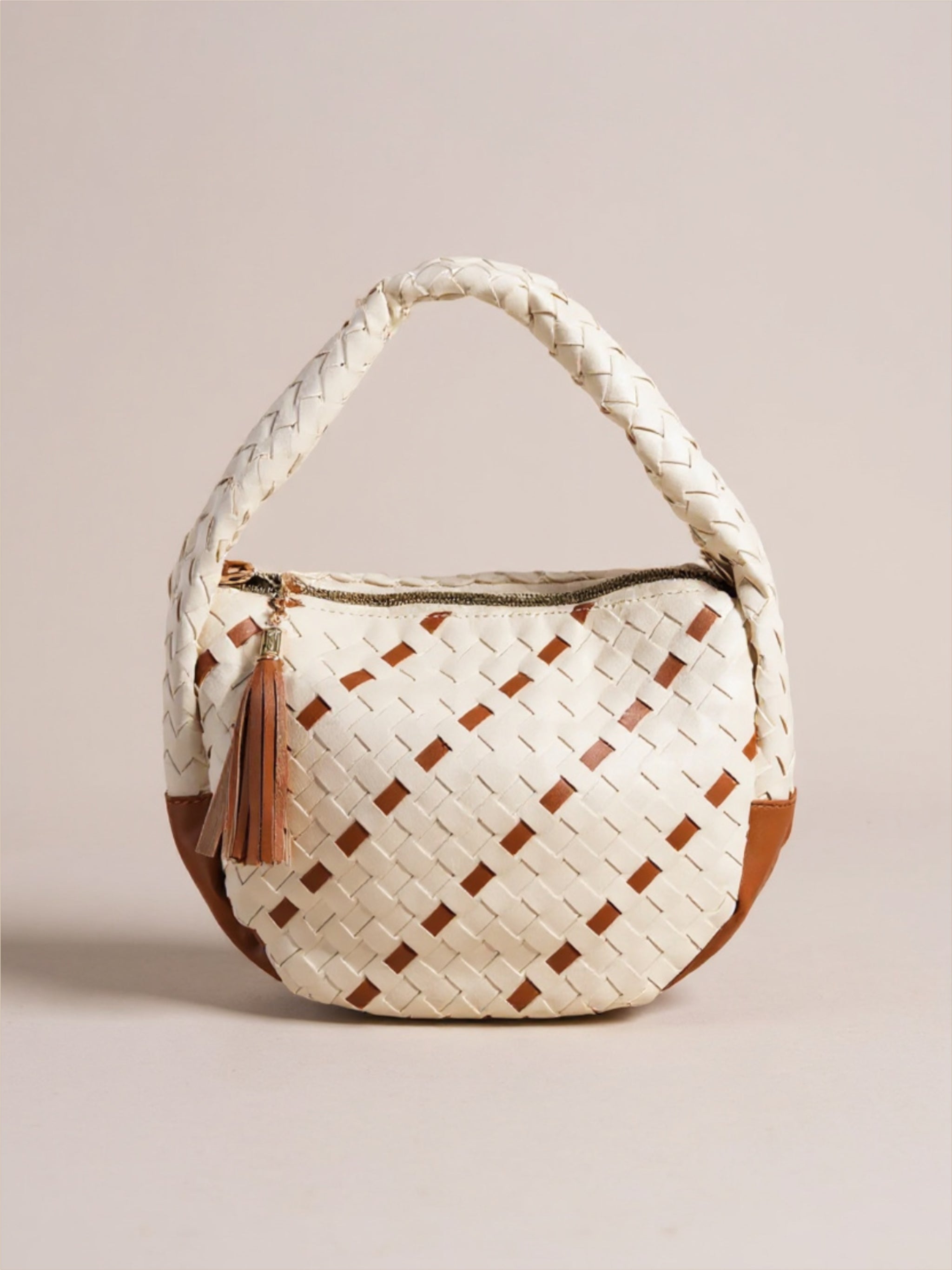 Tassel Detailed Weaved Semi Circle Bag