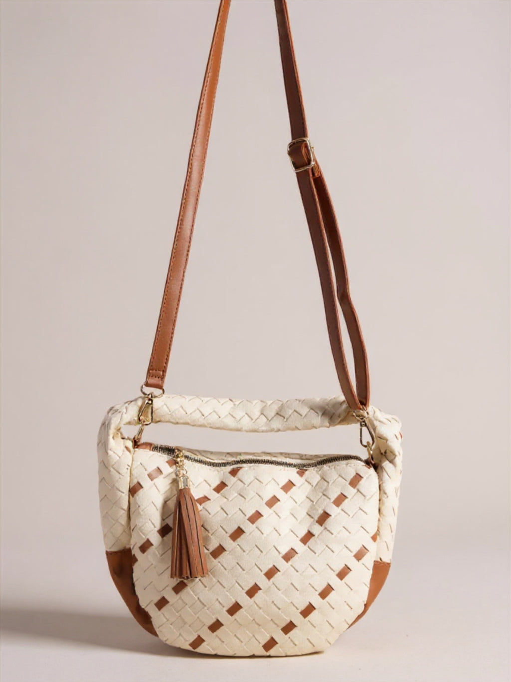 Tassel Detailed Weaved Semi Circle Bag