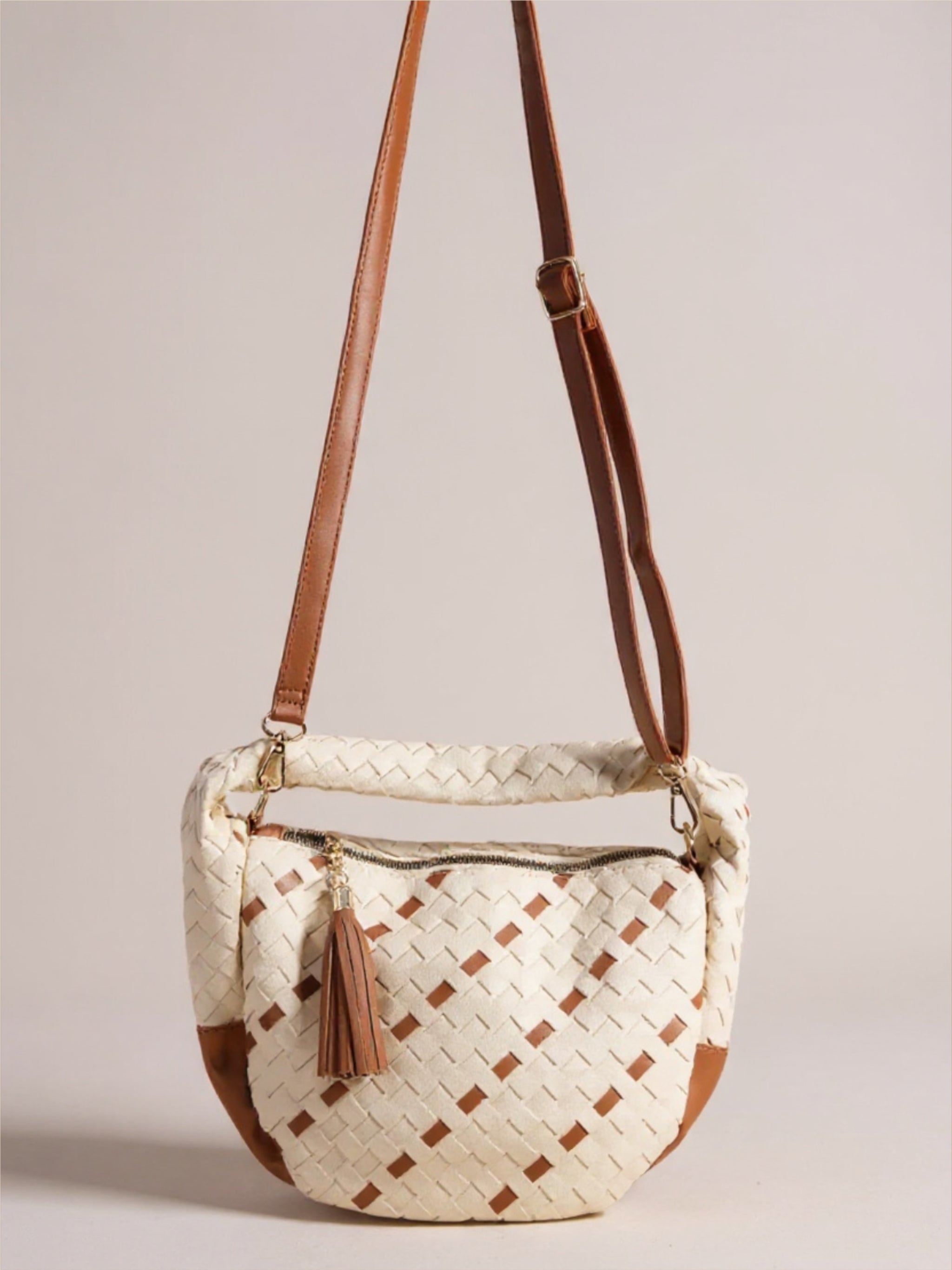 Tassel Detailed Weaved Semi Circle Bag
