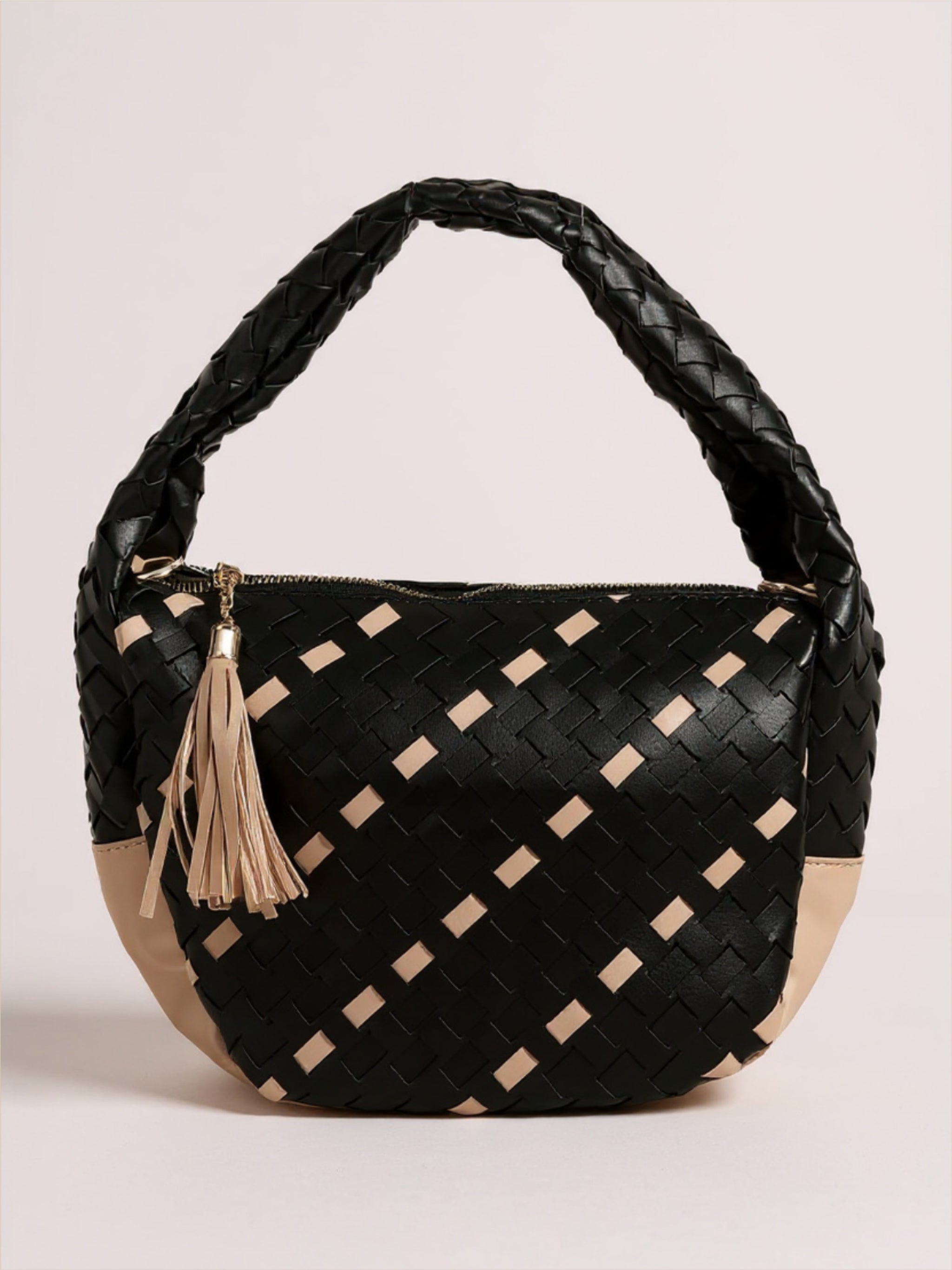 Tassel Detailed Weaved Semi Circle Bag