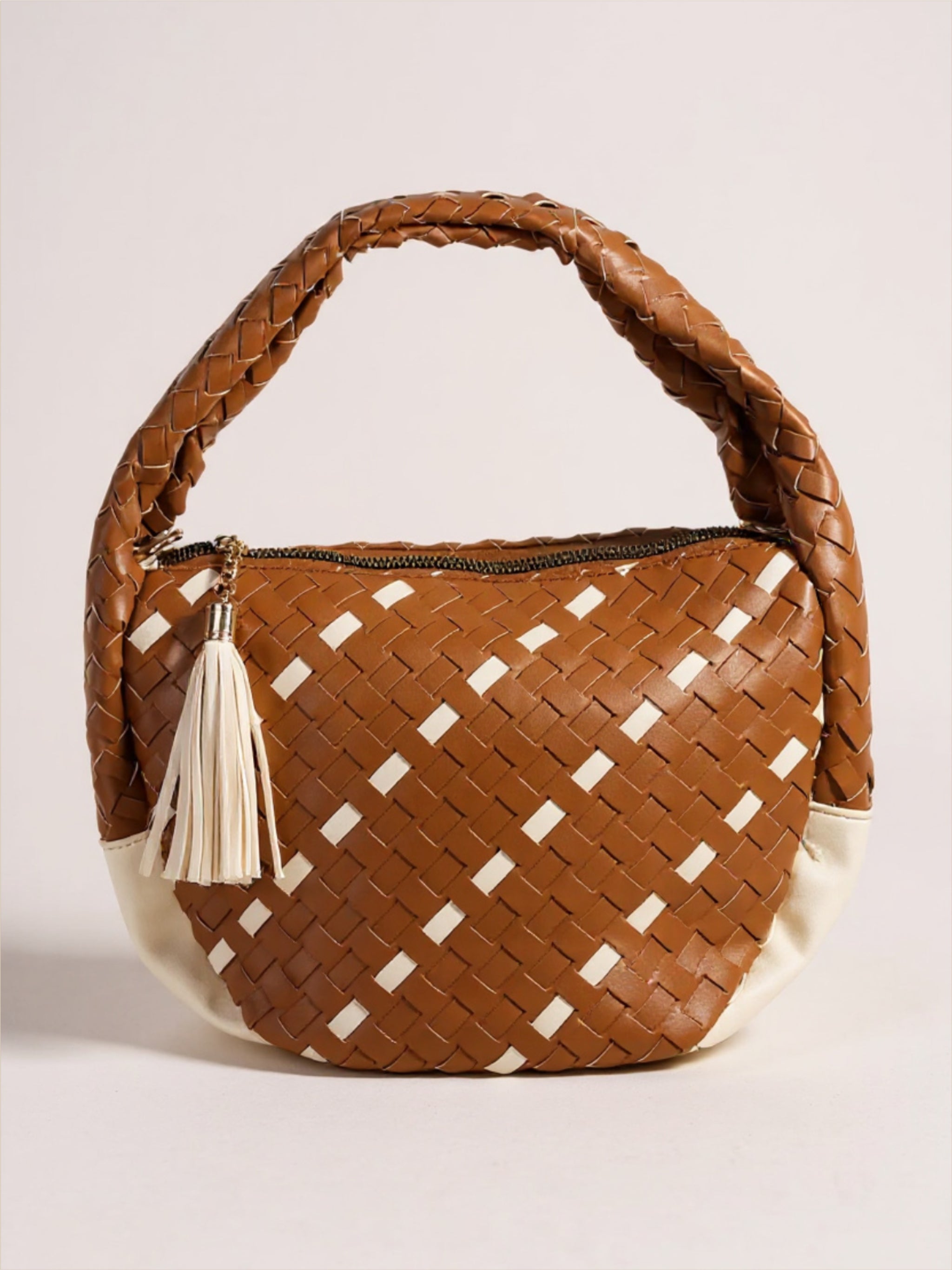 Tassel Detailed Weaved Semi Circle Bag