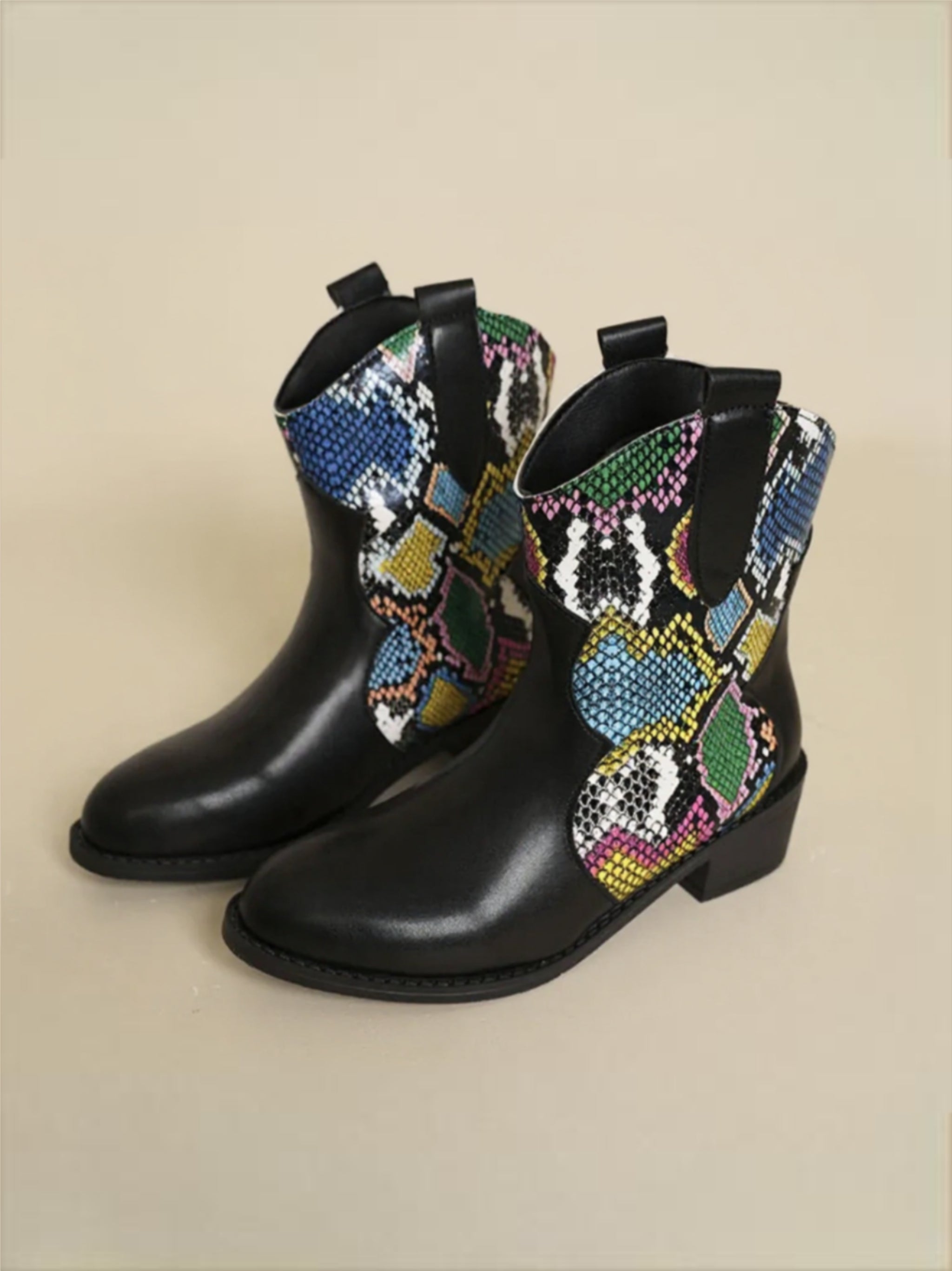 Black Vegan Leather Color Block Boots