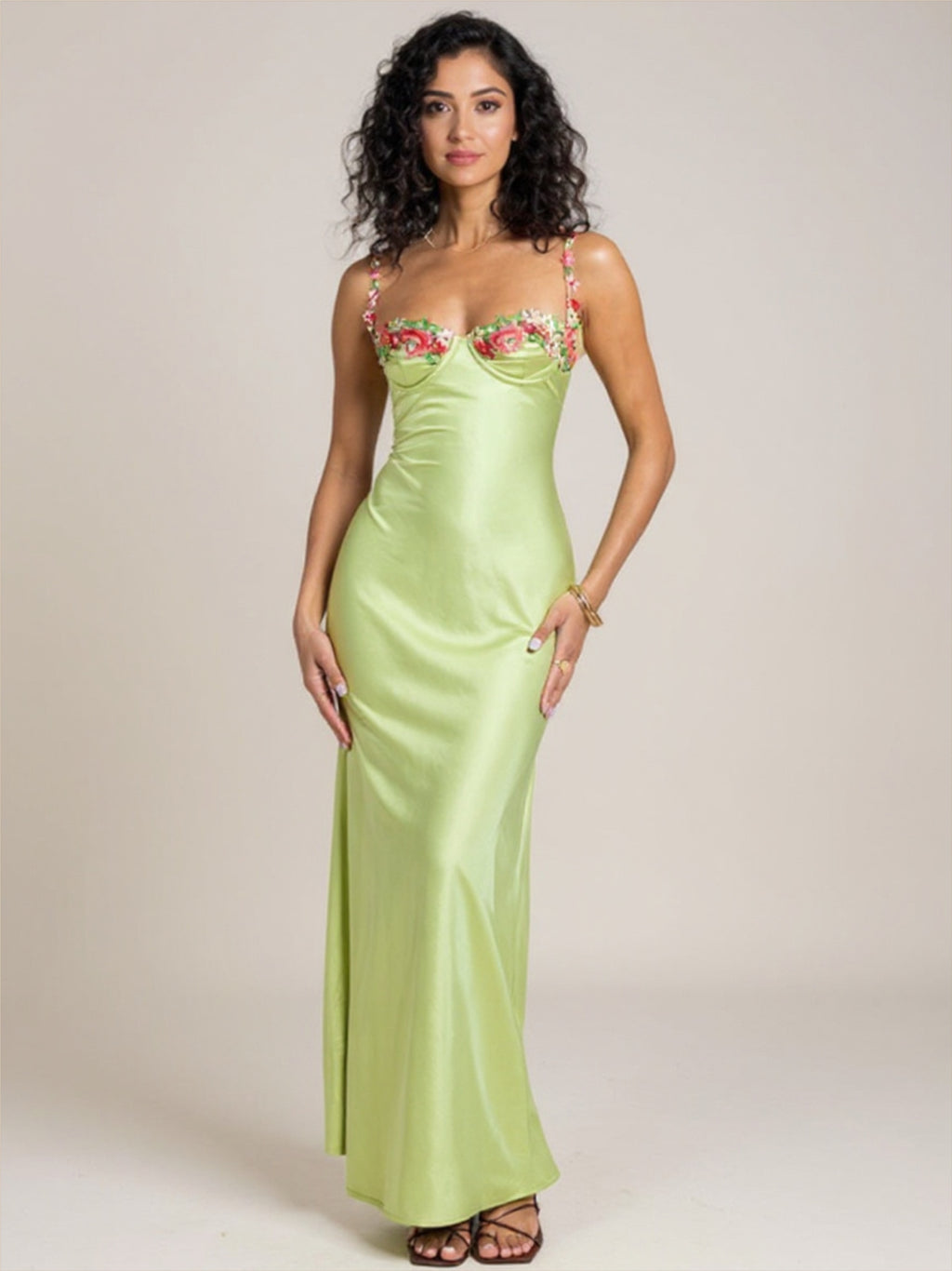 Satin Floral Embroidered Bodycon Dress