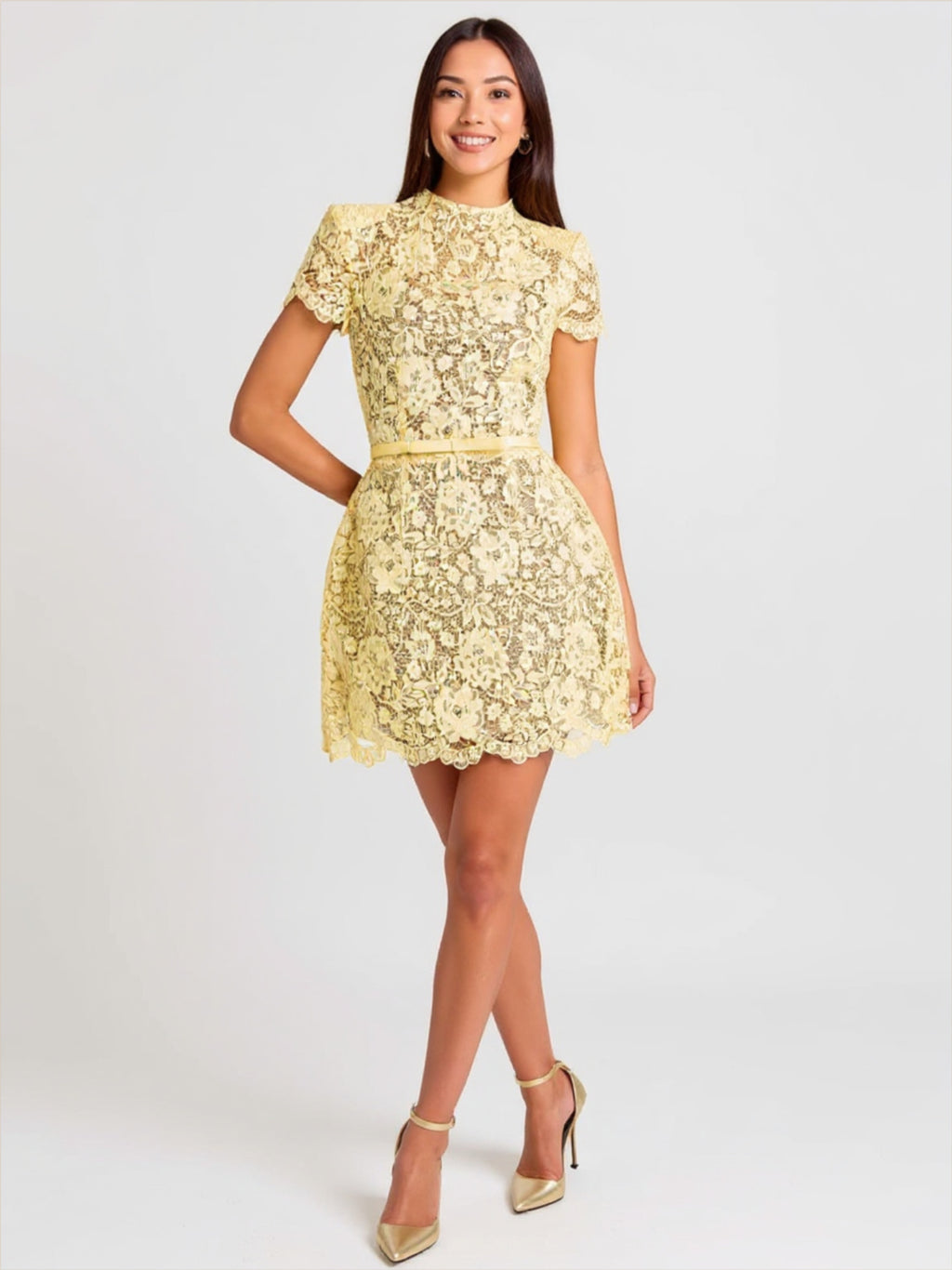 Yellow Transparent Lace Mini Dress