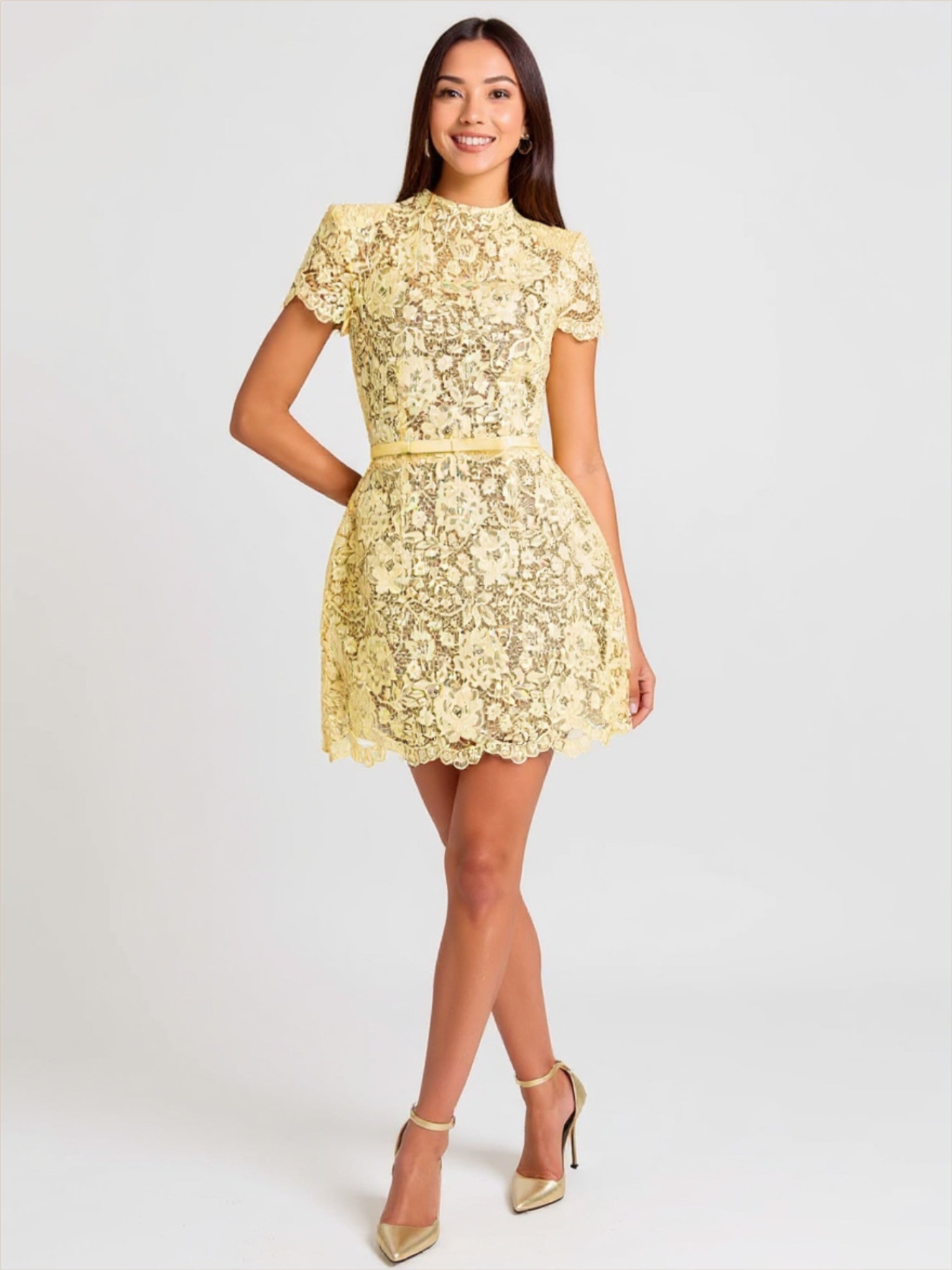 Yellow Transparent Lace Mini Dress