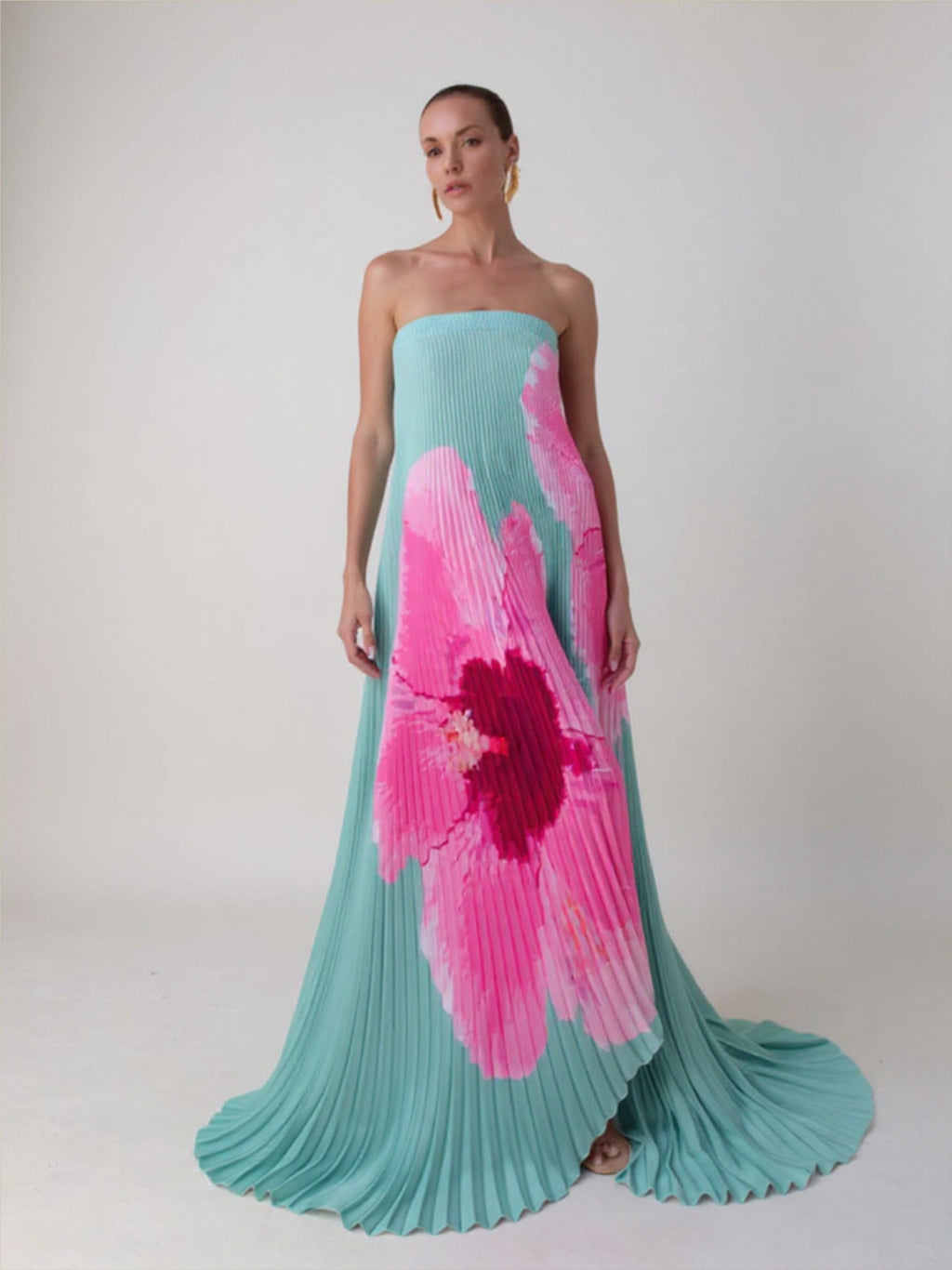 Strapless Pleaded Floral Dress