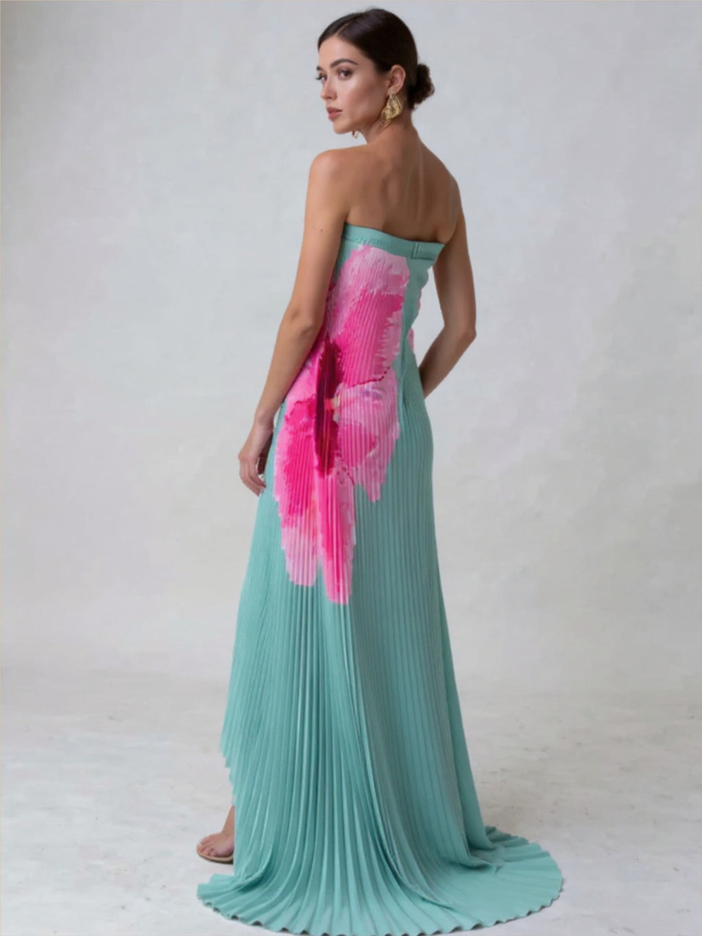 Strapless Pleaded Floral Dress