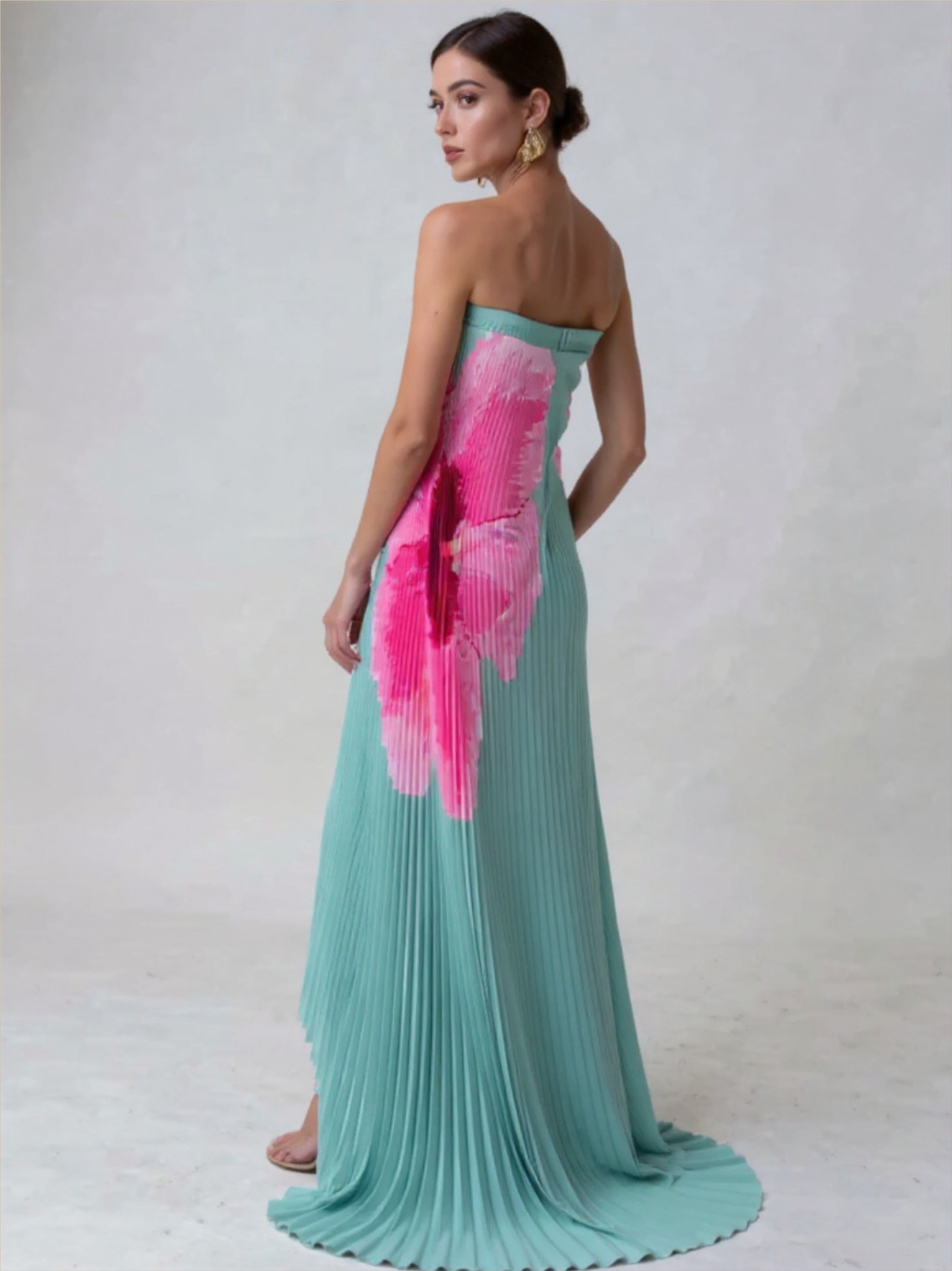 Strapless Pleaded Floral Dress