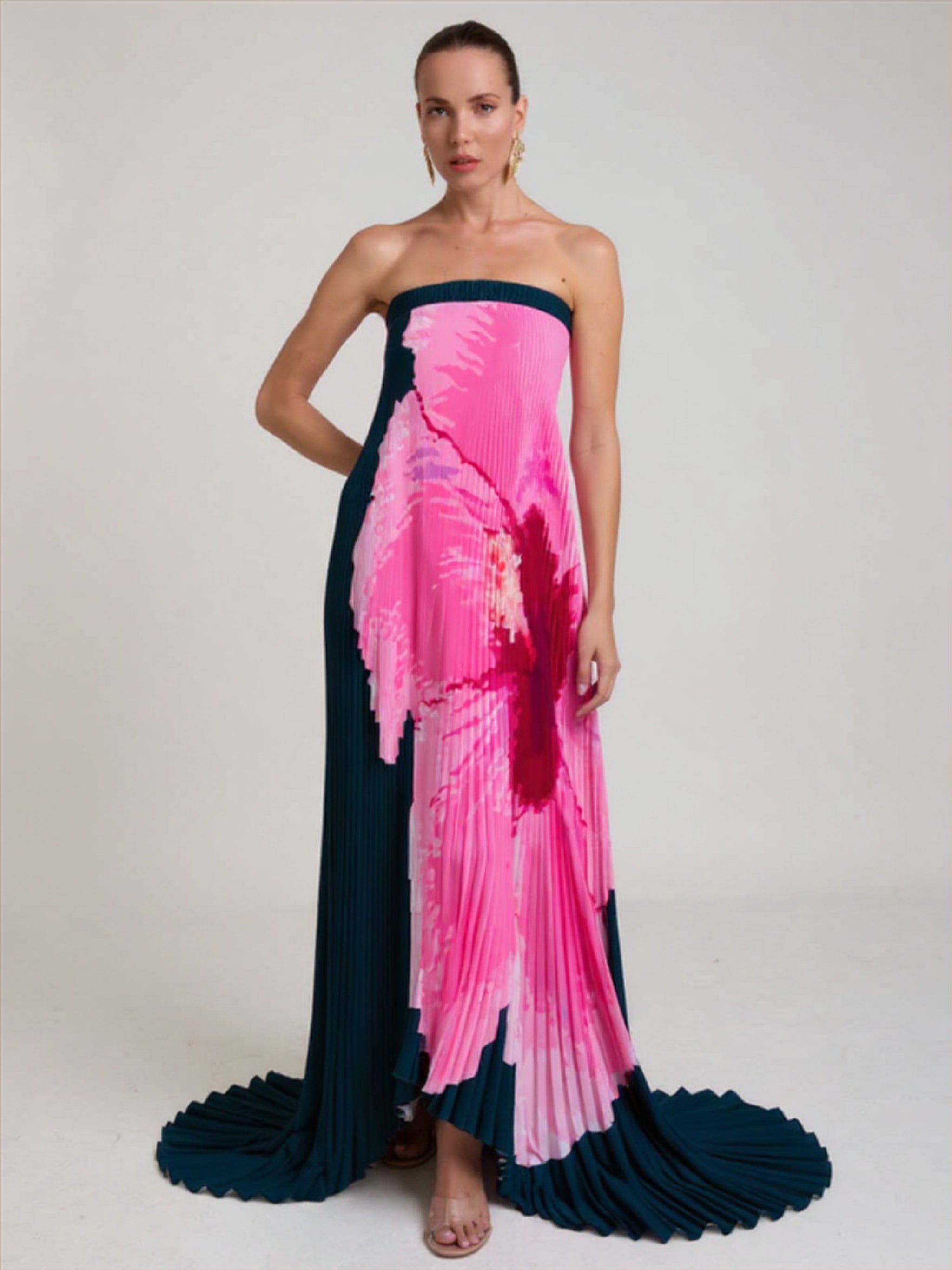 Strapless Pleaded Floral Dress