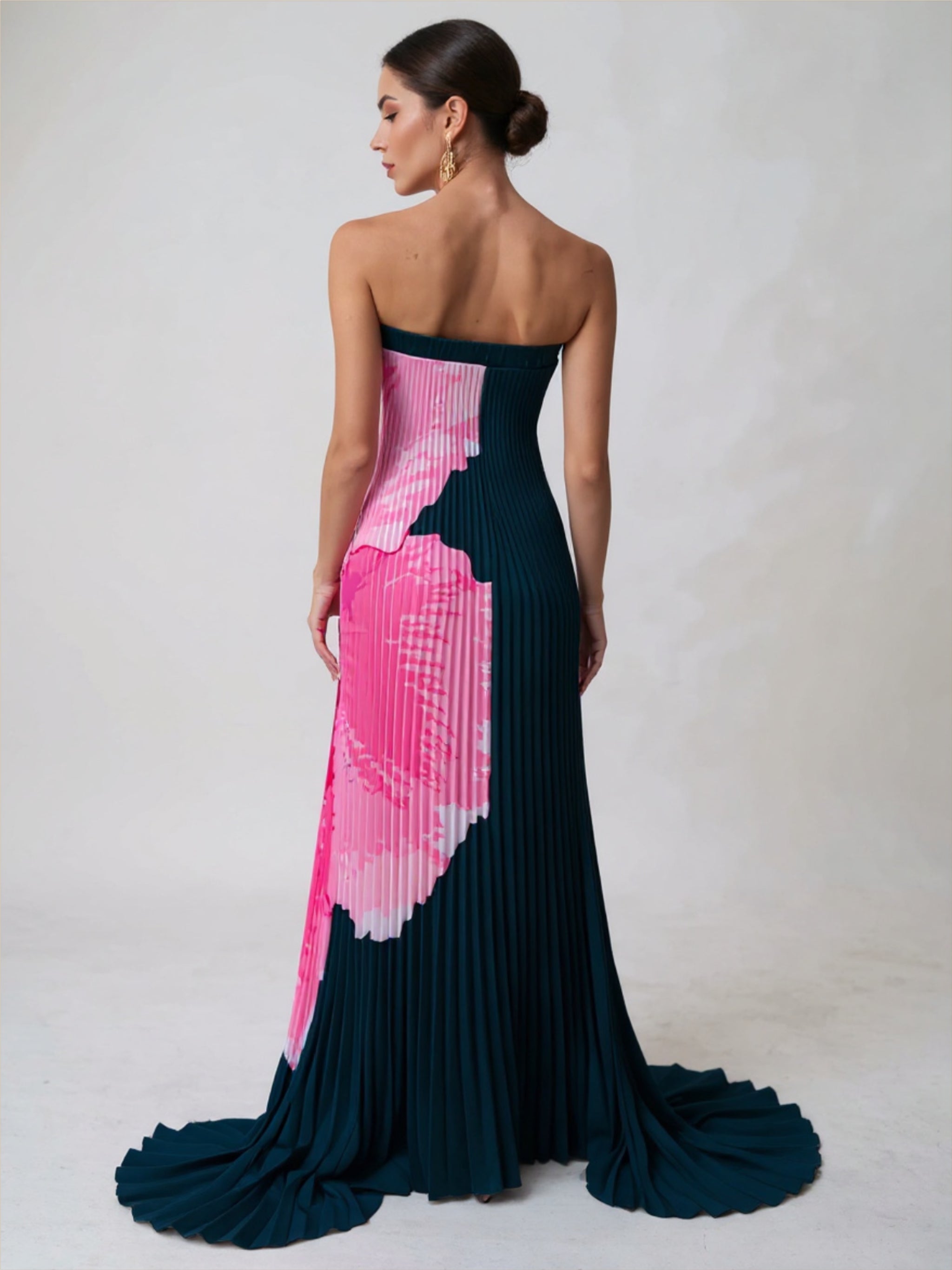 Strapless Pleaded Floral Dress