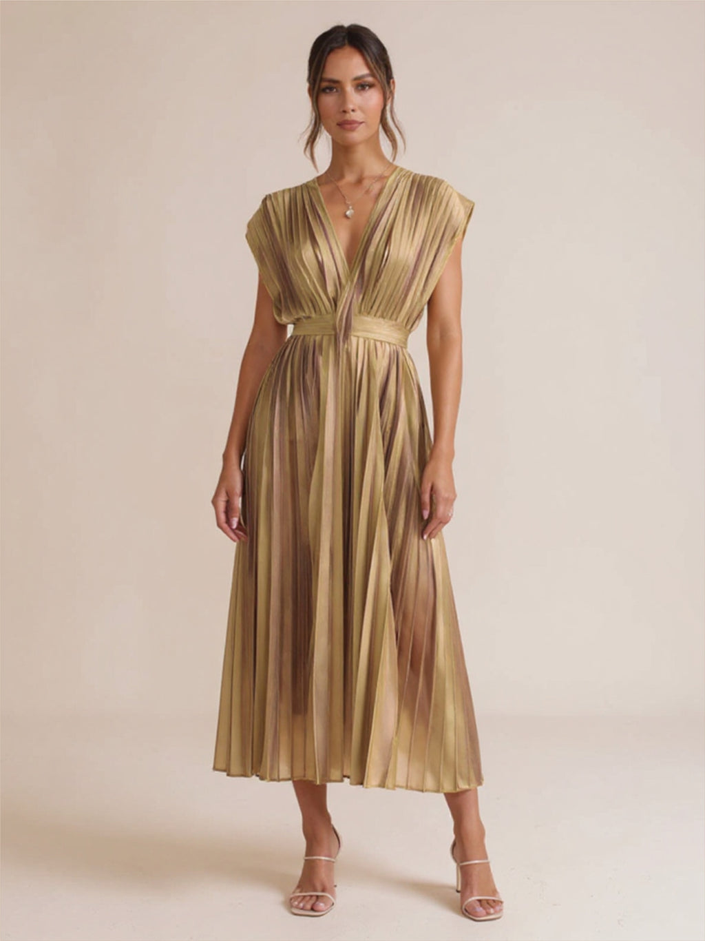 Pleated Satin V Neck Dress