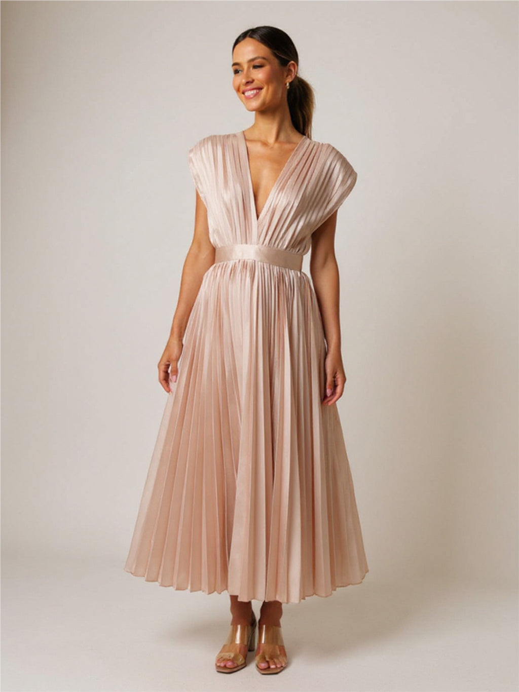 Pleated Satin V Neck Dress