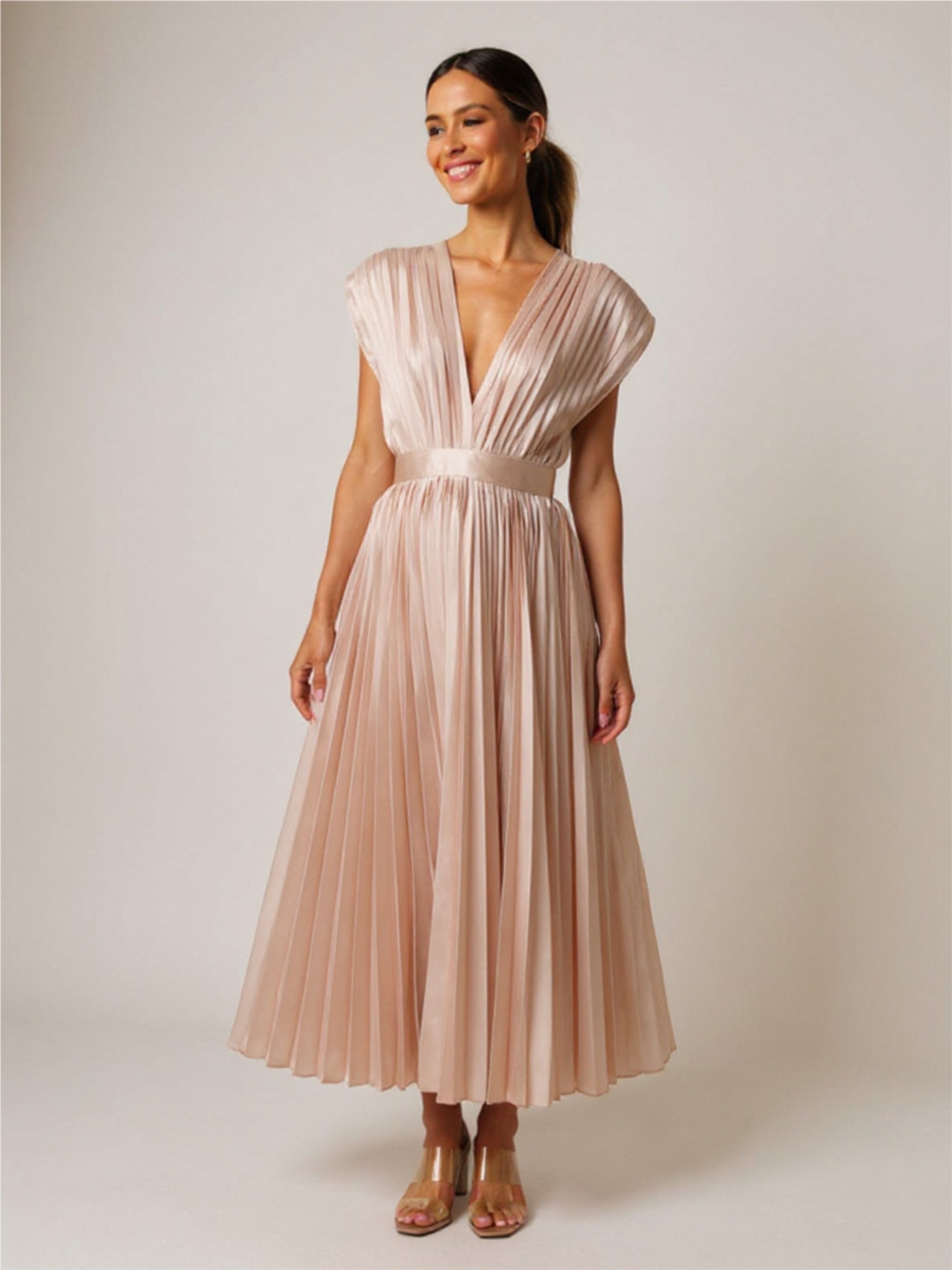 Pleated Satin V Neck Dress