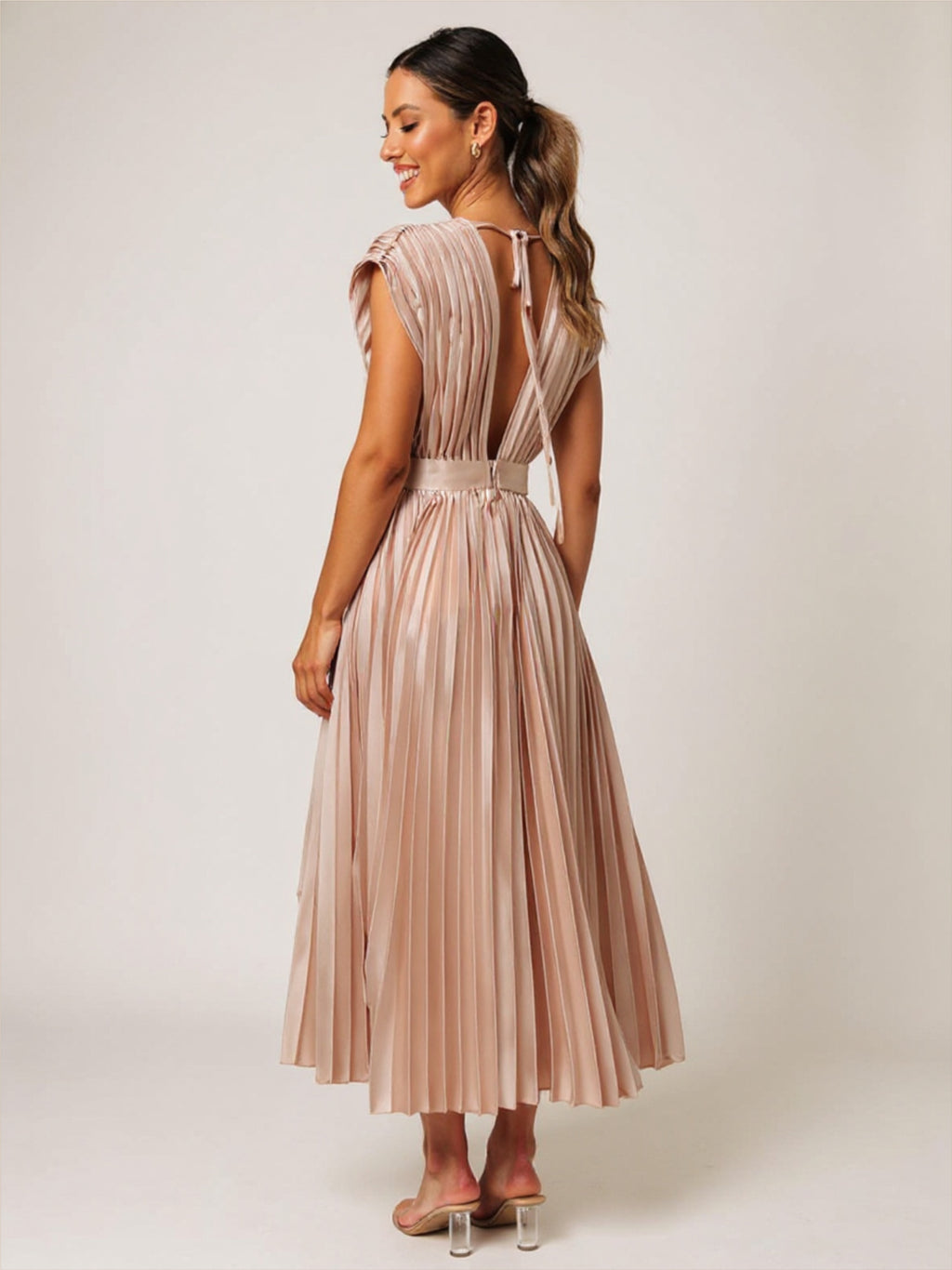 Pleated Satin V Neck Dress