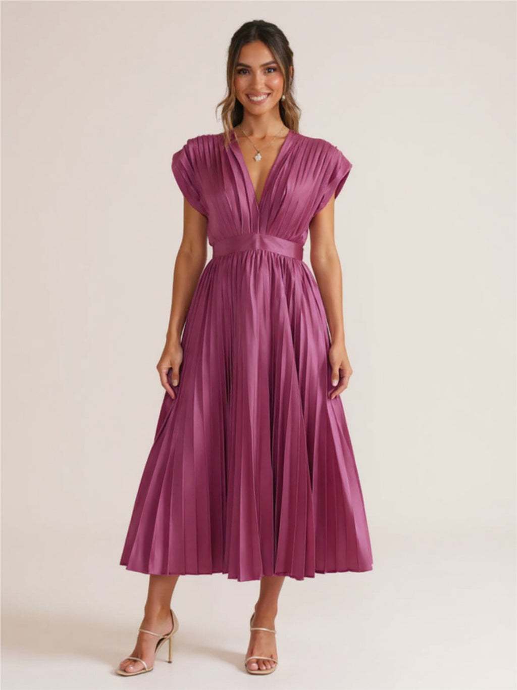 Pleated Satin V Neck Dress