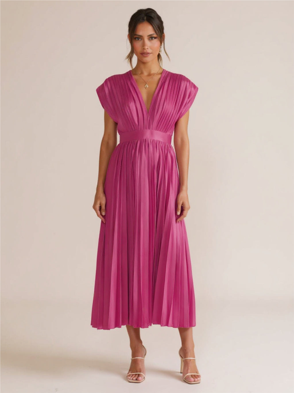 Pleated Satin V Neck Dress