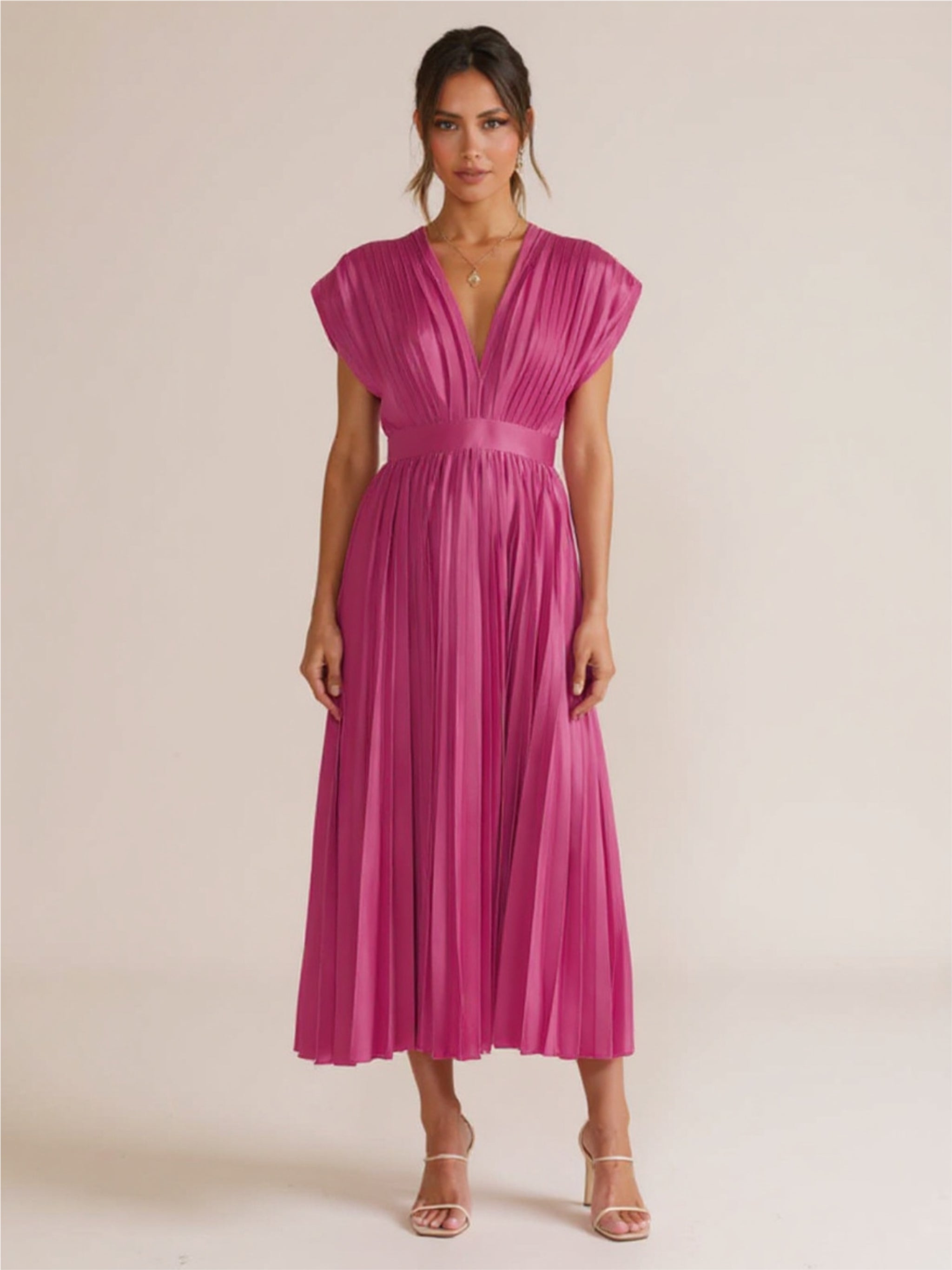 Pleated Satin V Neck Dress
