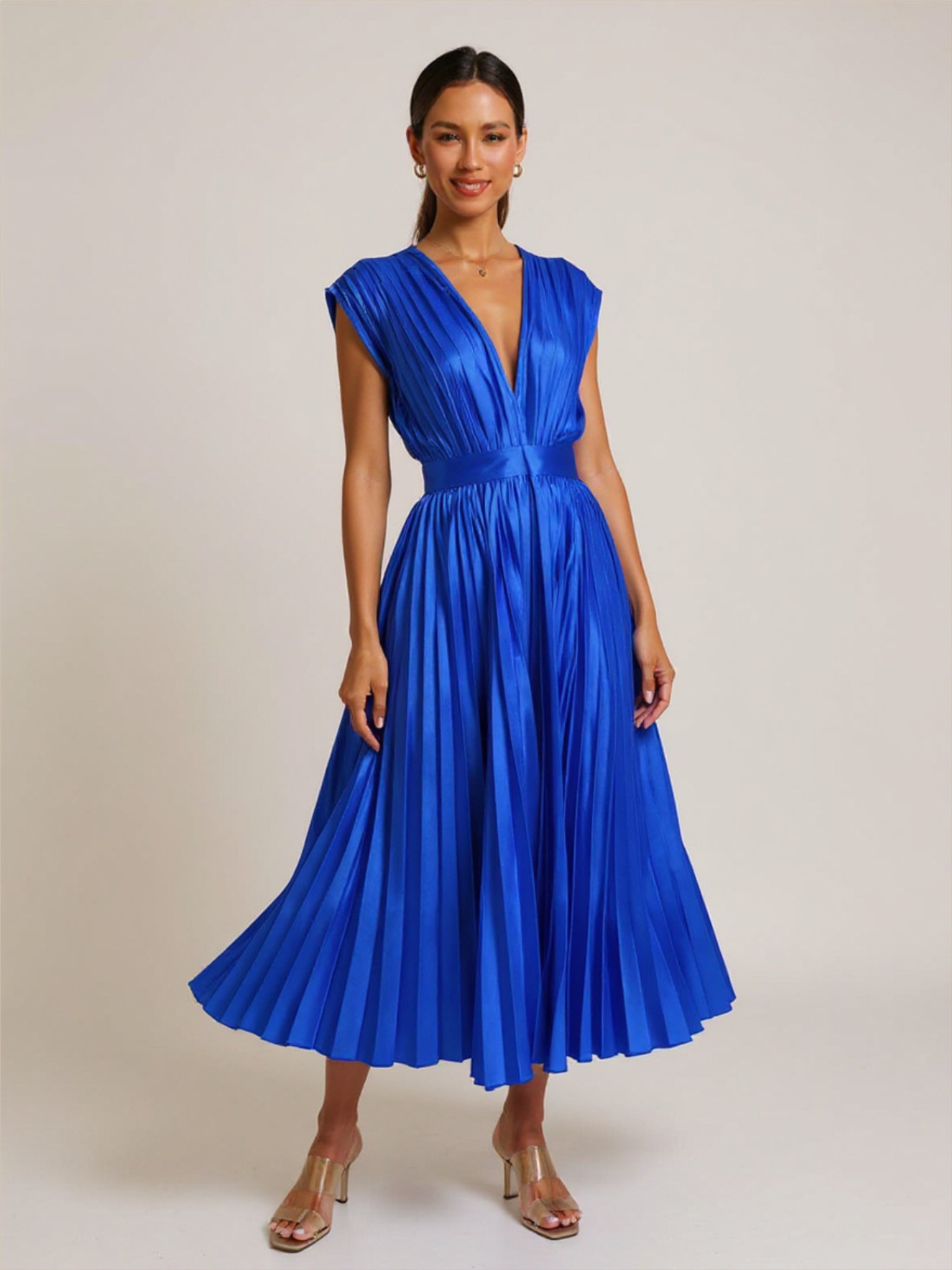 Pleated Satin V Neck Dress