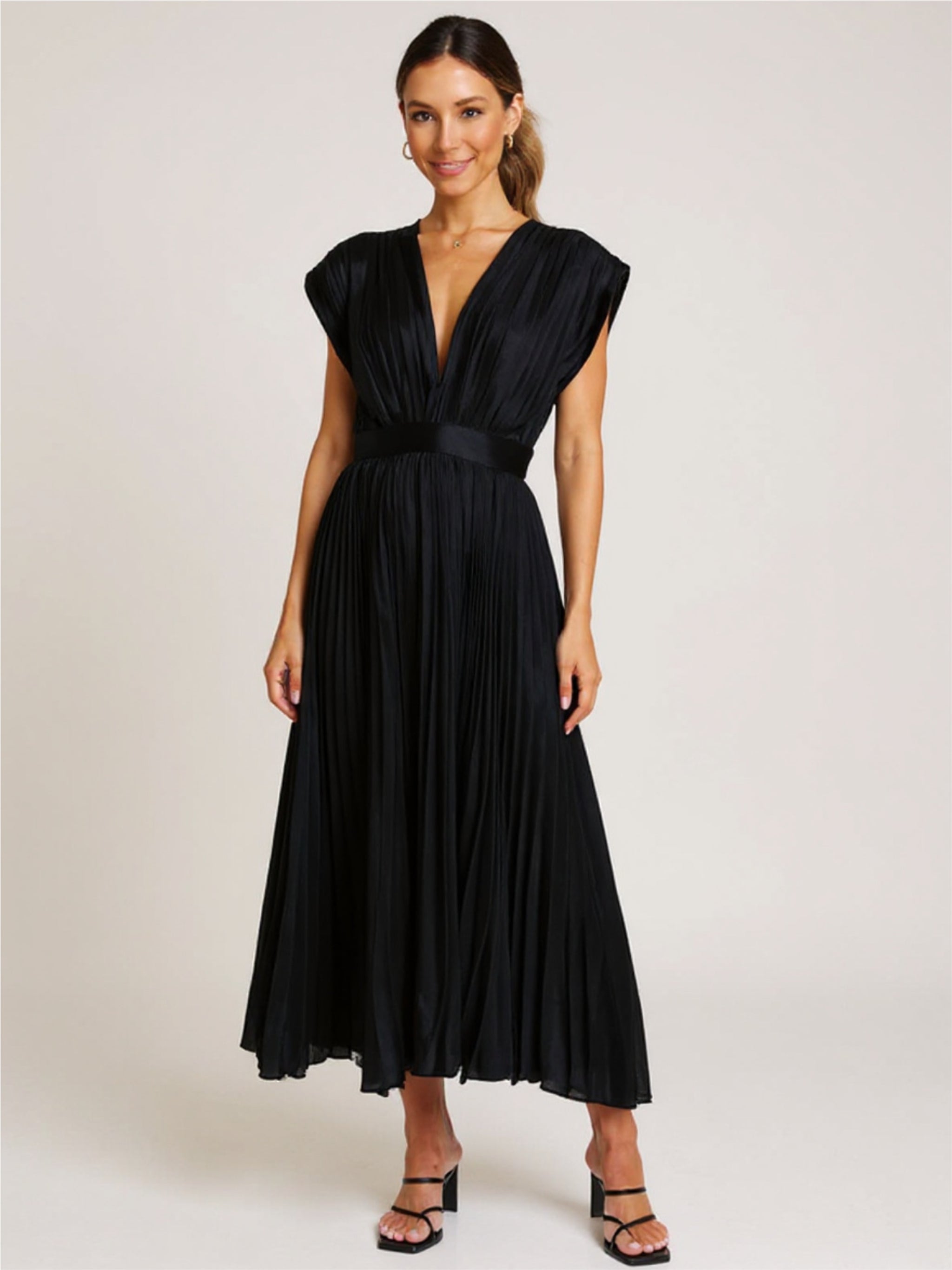 Pleated Satin V Neck Dress
