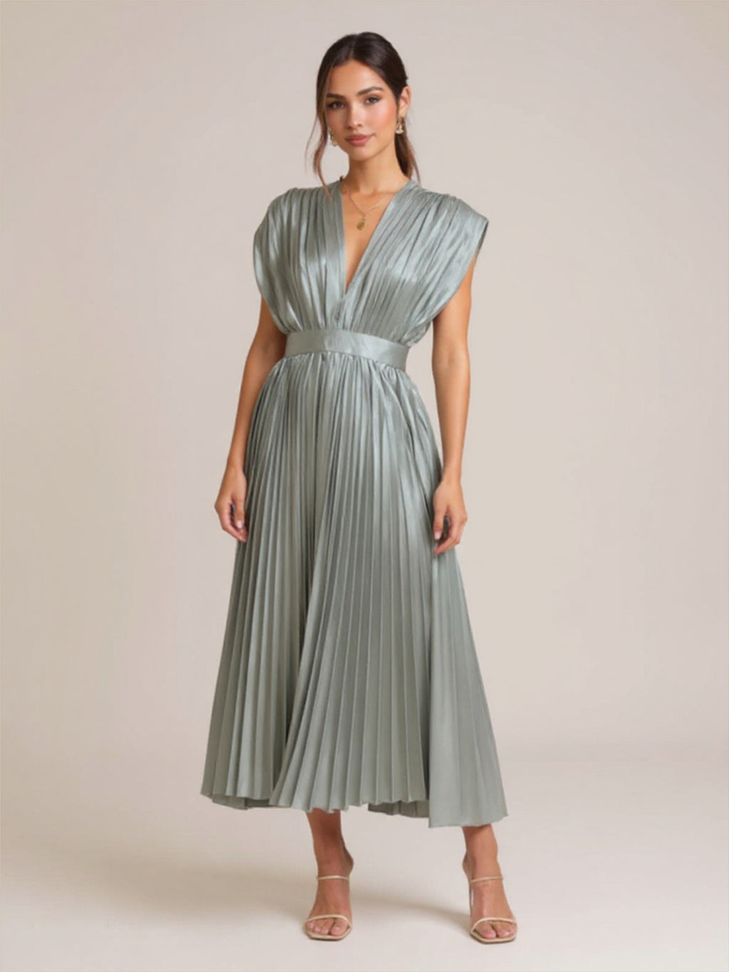 Pleated Satin V Neck Dress