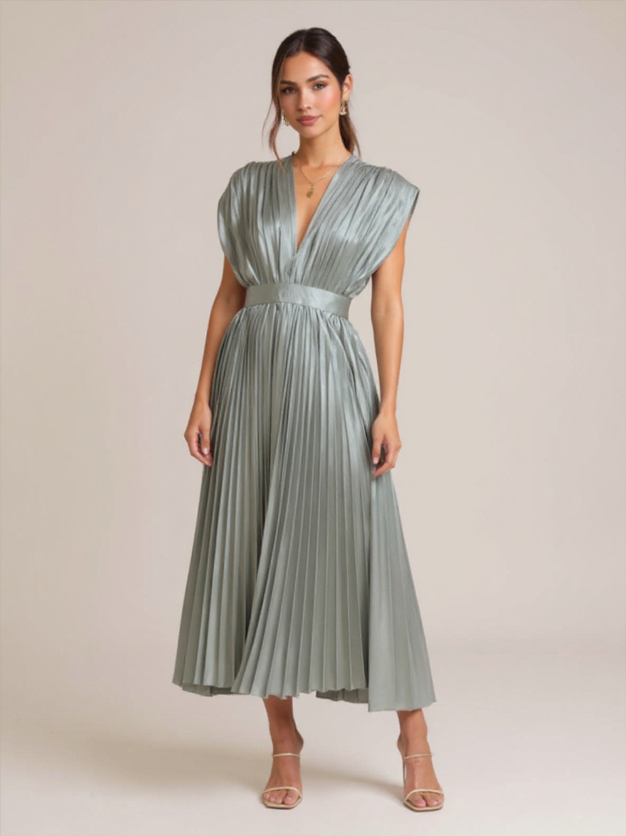 Pleated Satin V Neck Dress