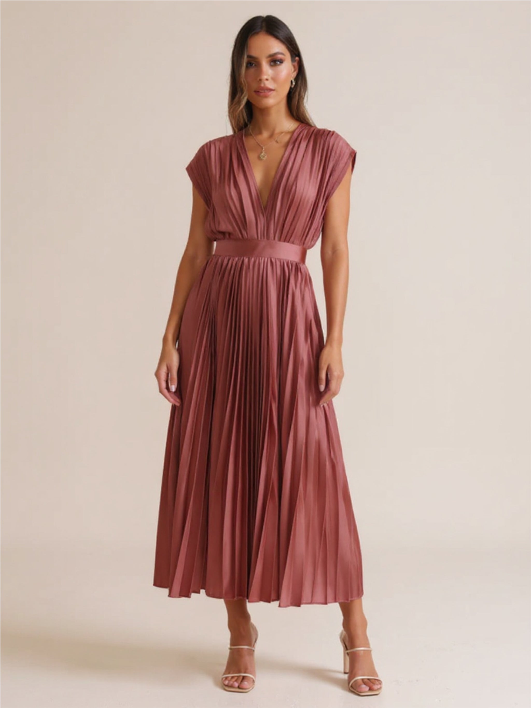 Pleated Satin V Neck Dress