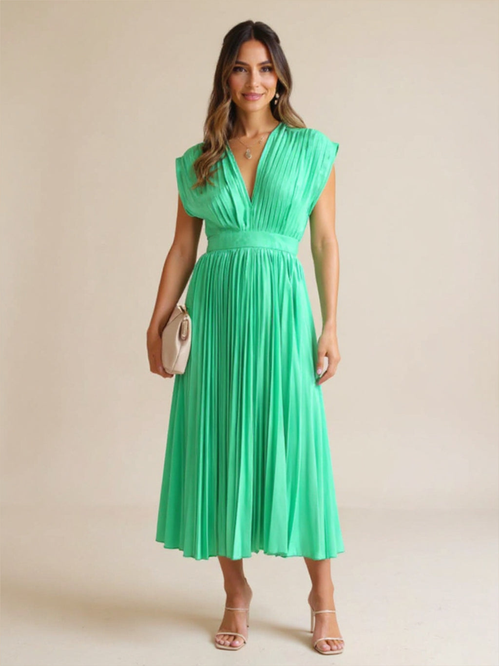 Pleated Satin V Neck Dress