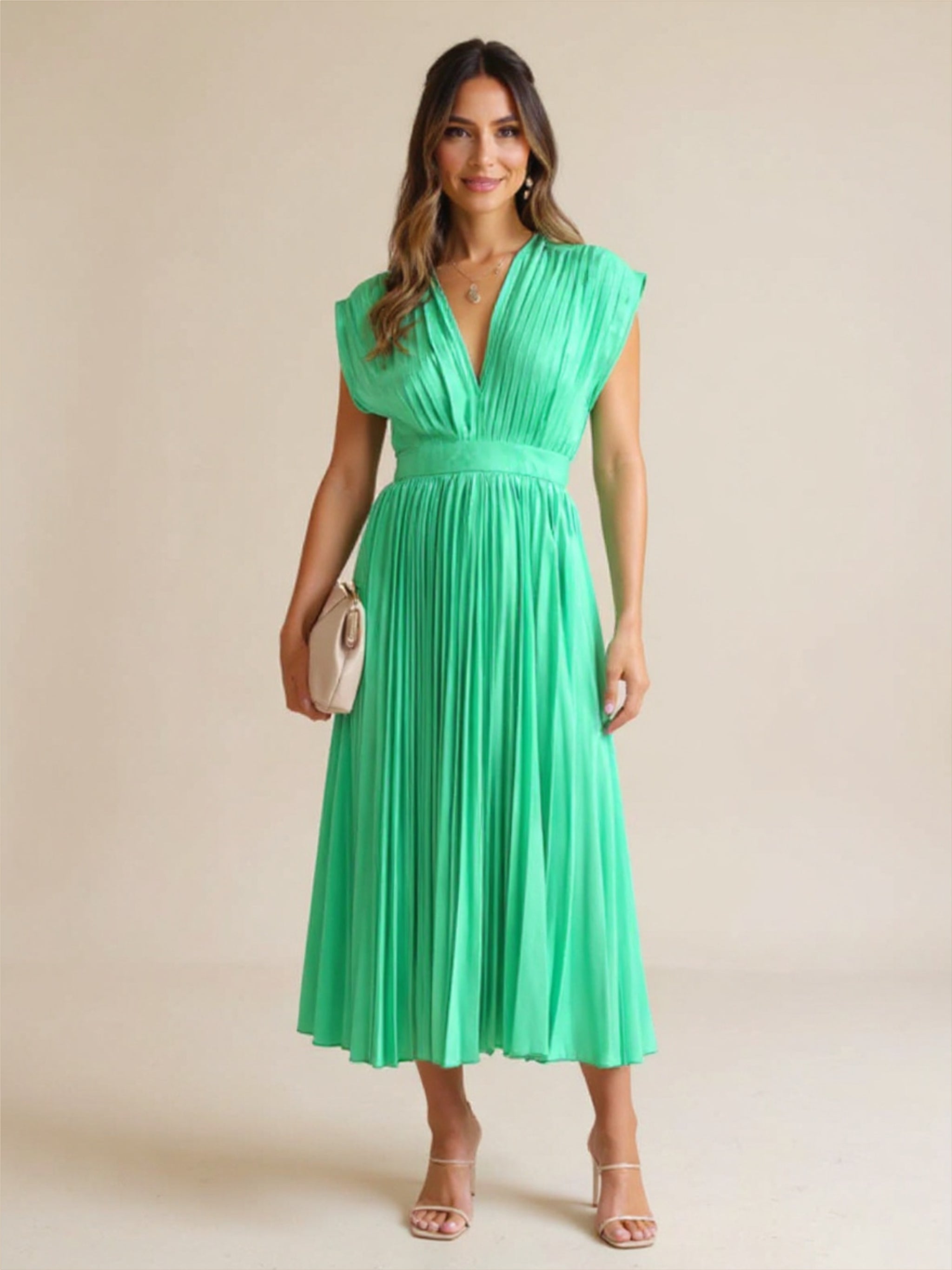 Pleated Satin V Neck Dress