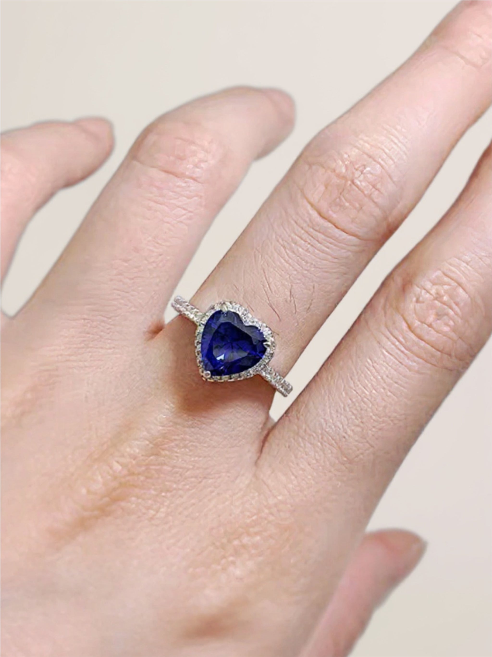 2 Carat Blue Moissanite Heart Side Stone Ring