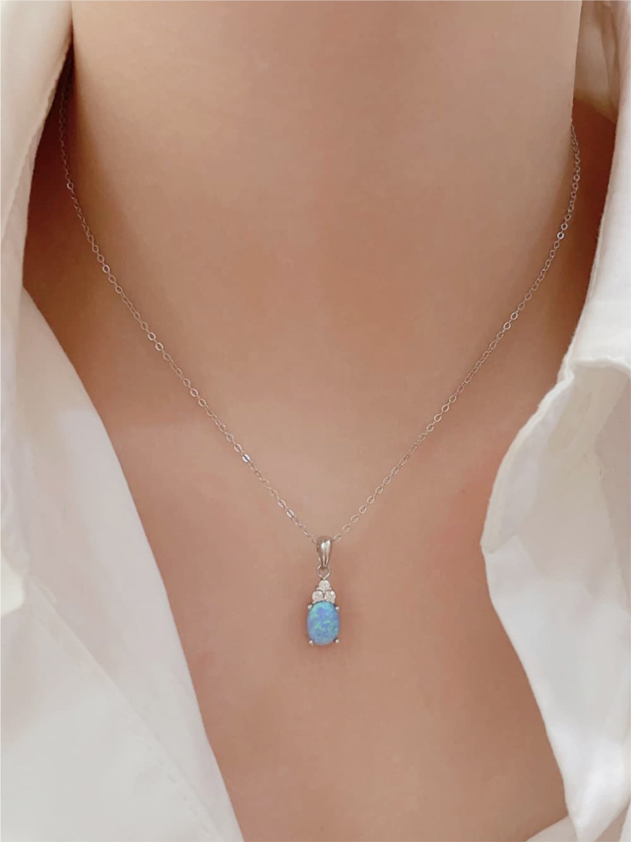 925 Sterling Silver Opal Pendant Necklace