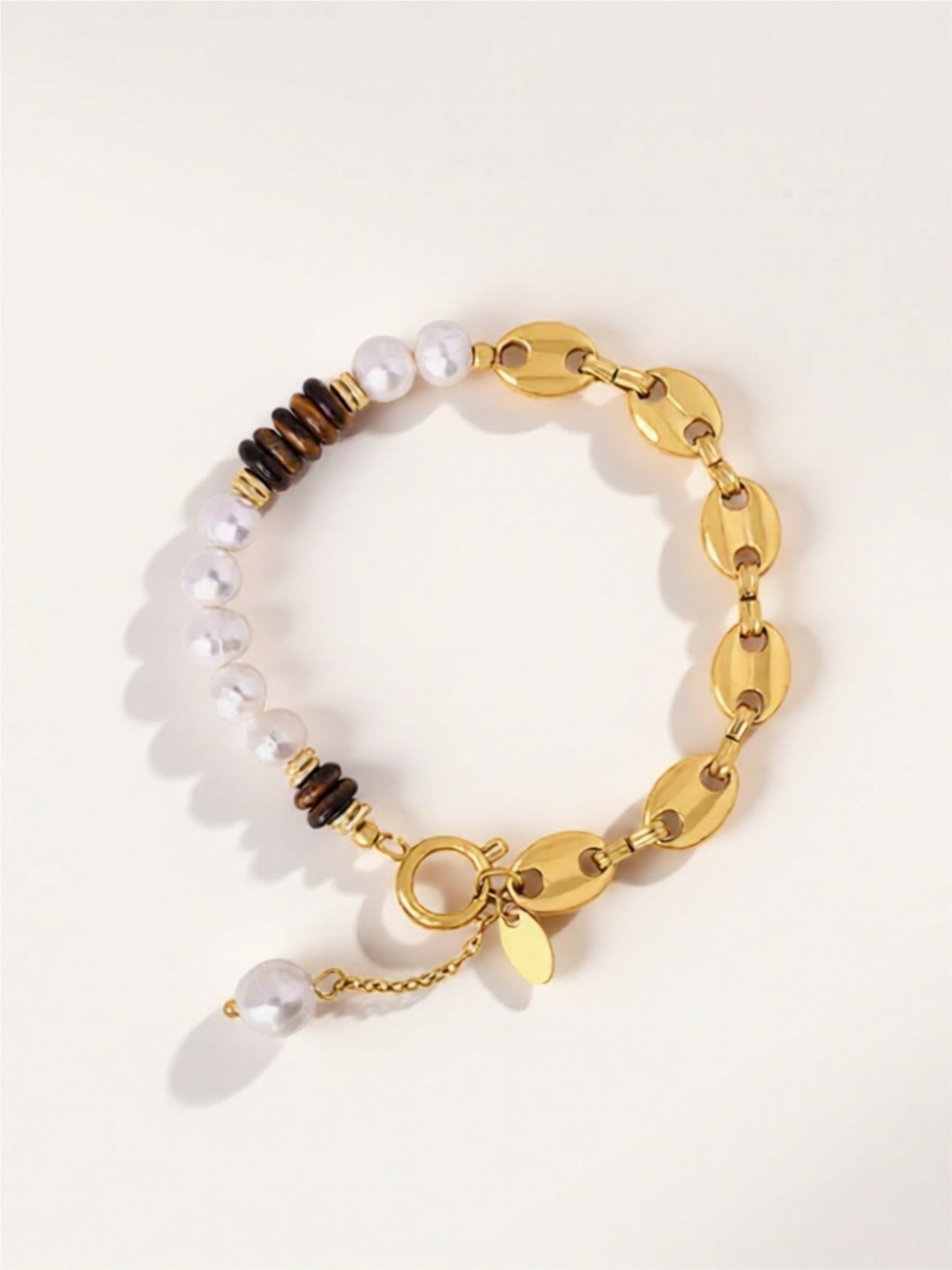 18K Gold Titanium Steel Pearl & Tiger Eye Bracelet